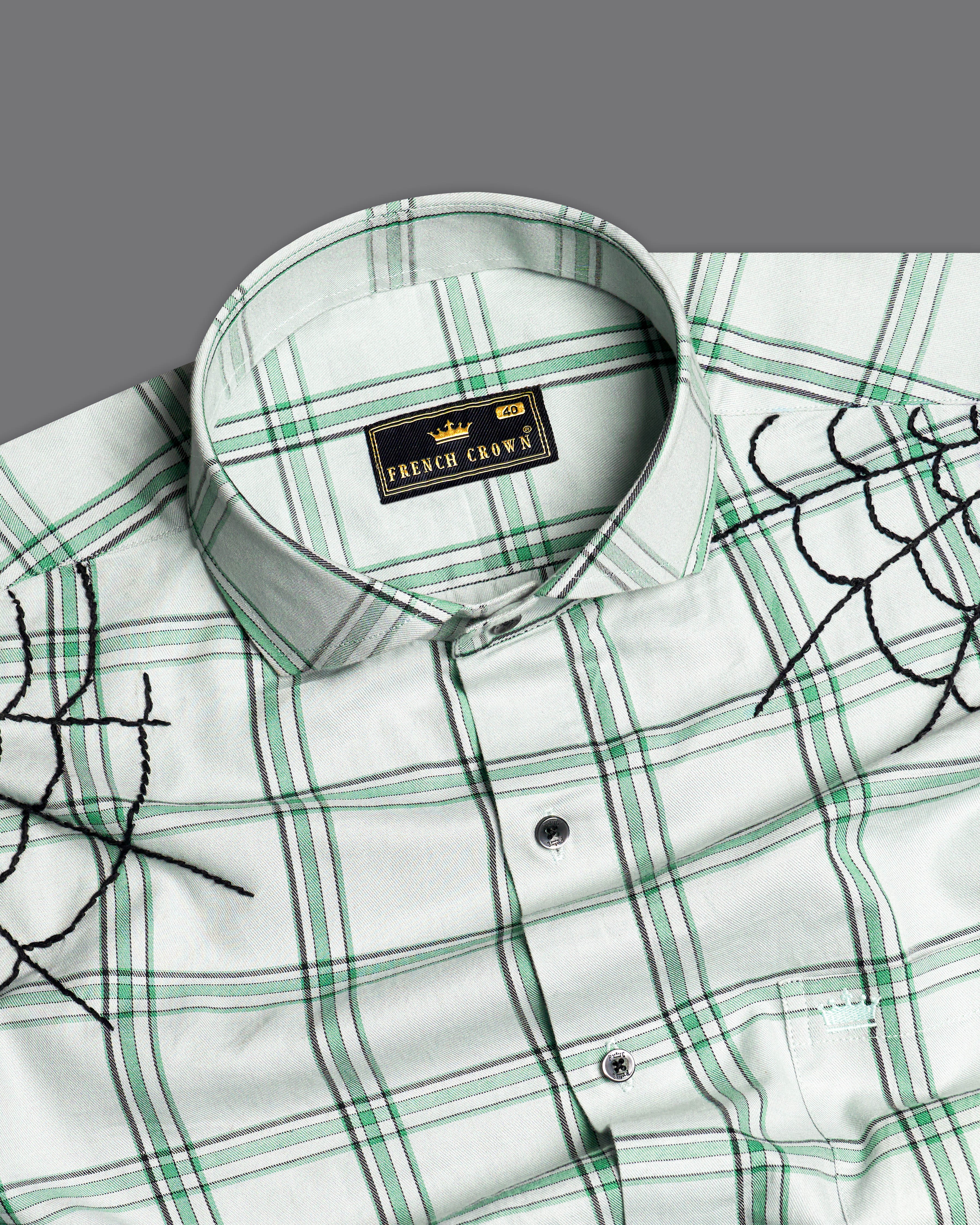 Iron Gray With Green Twill Checkered Premium Cotton Web Hand Embroidered Designer Shirt 6351-CA-BLK-EH063-38, 6351-CA-BLK-EH063-H-38, 6351-CA-BLK-EH063-39, 6351-CA-BLK-EH063-H-39, 6351-CA-BLK-EH063-40, 6351-CA-BLK-EH063-H-40, 6351-CA-BLK-EH063-42, 6351-CA-BLK-EH063-H-42, 6351-CA-BLK-EH063-44, 6351-CA-BLK-EH063-H-44, 6351-CA-BLK-EH063-46, 6351-CA-BLK-EH063-H-46, 6351-CA-BLK-EH063-48, 6351-CA-BLK-EH063-H-48, 6351-CA-BLK-EH063-50, 6351-CA-BLK-EH063-H-50, 6351-CA-BLK-EH063-52, 6351-CA-BLK-EH063-H-52