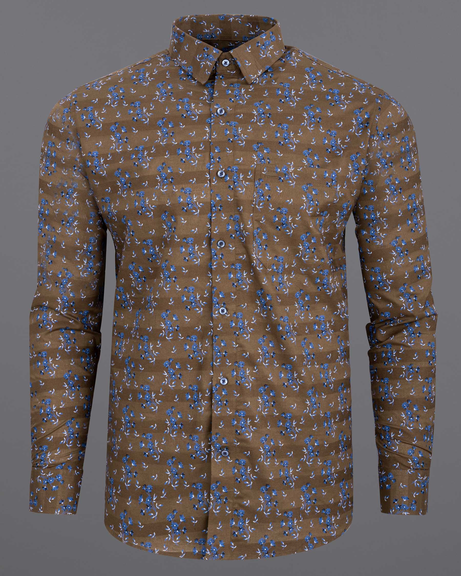 Pine Cone Brown Floral Printed Dobby Premium Giza Cotton Shirt