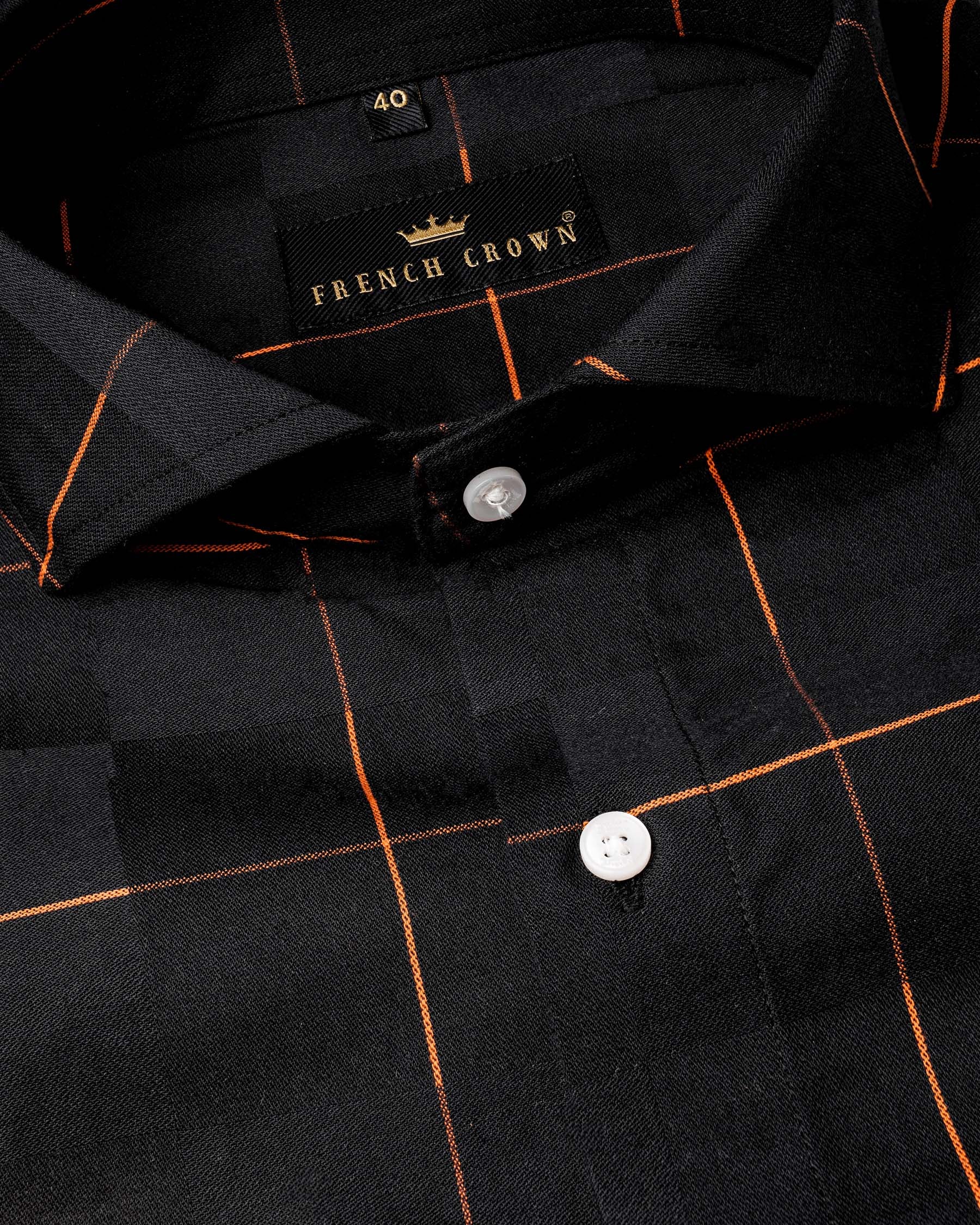 Zeus Black and Pastel Orange Windowpane Dobby Textured Premium Giza Cotton Shirt
