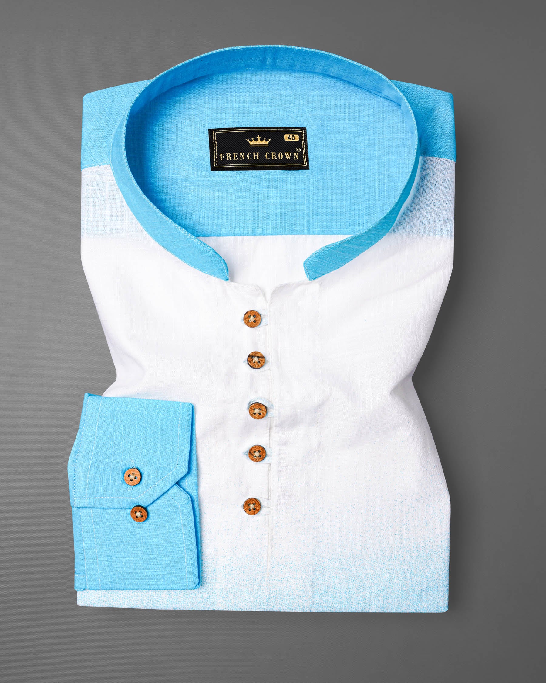 Turquoise Blue with Bright White Luxurious Linen Kurta Shirt