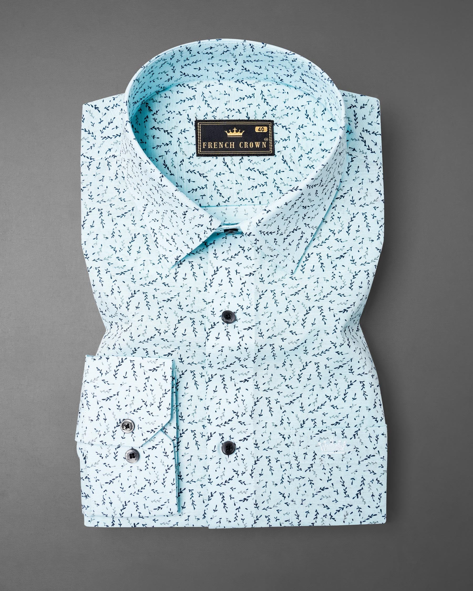 Tropical blue and Casper Green Leaves Printed Luxurious Linen Shirt