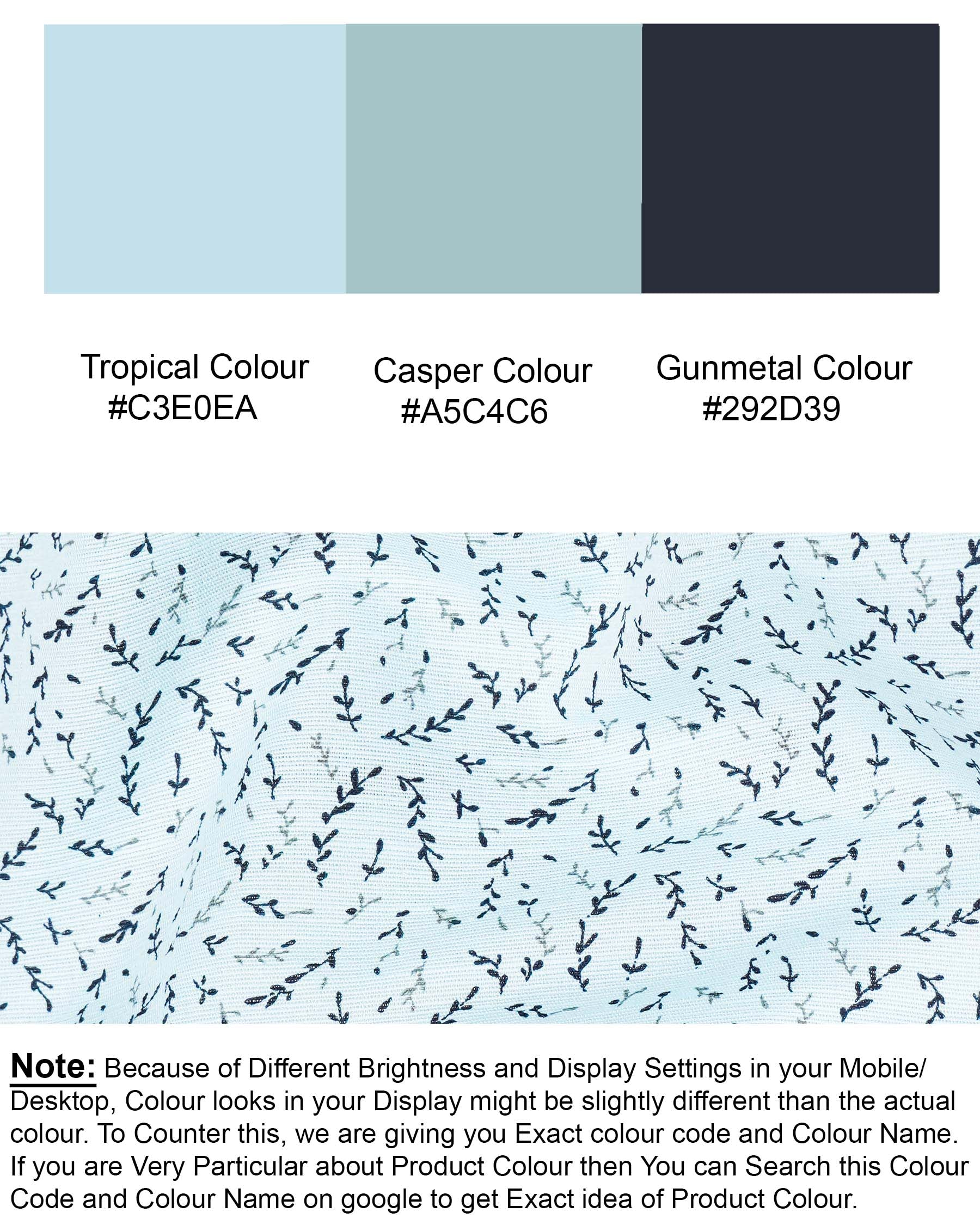 Tropical blue and Casper Green Leaves Printed Luxurious Linen Shirt