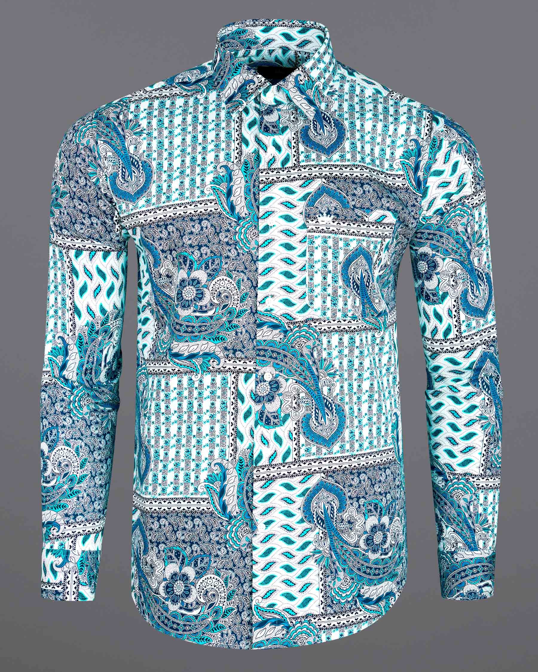 Cerulean Blue with Dark Turquoise Bohemian Paisley Printed Super Soft Premium Cotton Shirt 7503-38, 7503-H-38, 7503-39, 7503-H-39, 7503-40, 7503-H-40, 7503-42, 7503-H-42, 7503-44, 7503-H-44, 7503-46, 7503-H-46, 7503-48, 7503-H-48, 7503-50, 7503-H-50, 7503-52, 7503-H-52