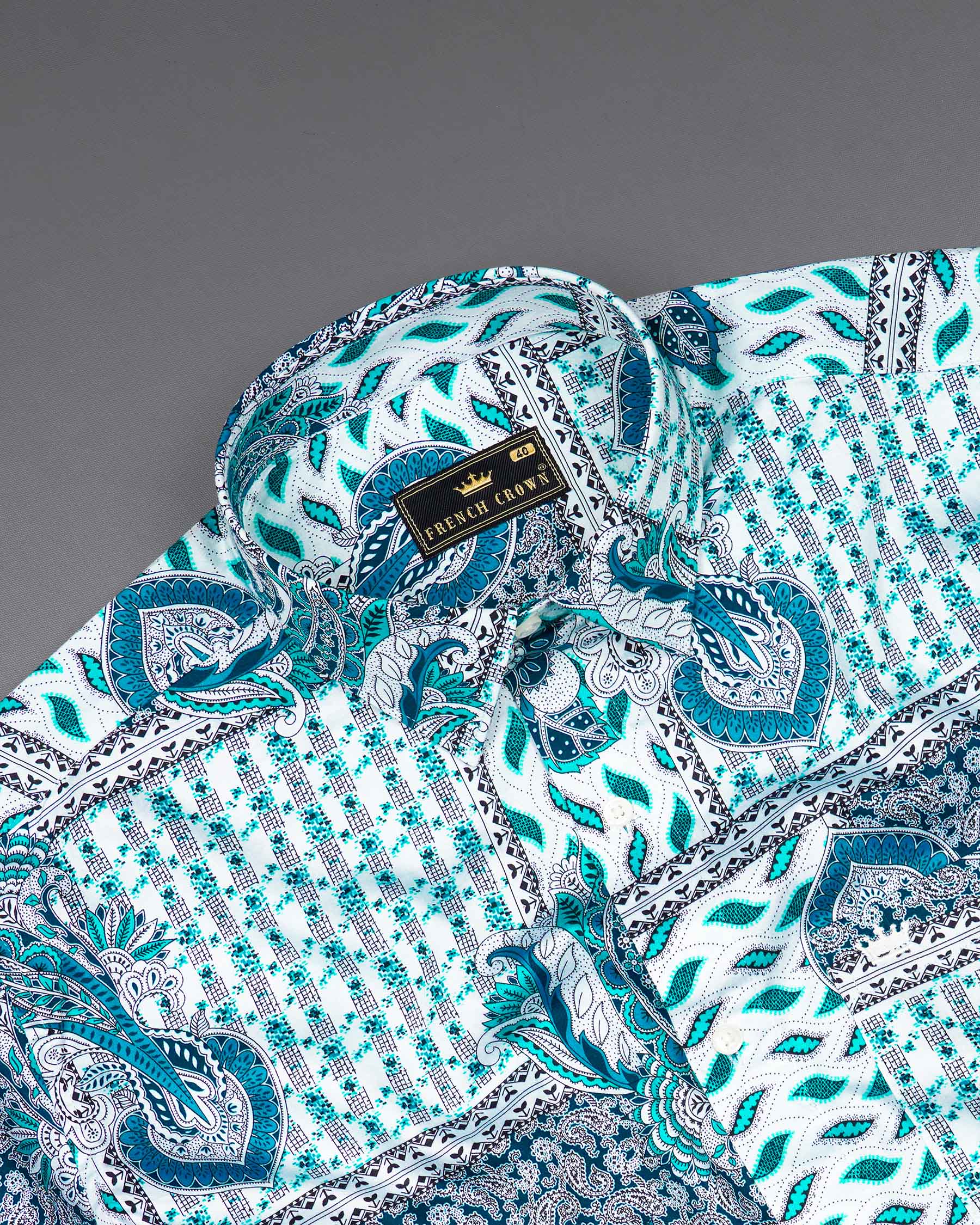 Cerulean Blue with Dark Turquoise Bohemian Paisley Printed Super Soft Premium Cotton Shirt 7503-38, 7503-H-38, 7503-39, 7503-H-39, 7503-40, 7503-H-40, 7503-42, 7503-H-42, 7503-44, 7503-H-44, 7503-46, 7503-H-46, 7503-48, 7503-H-48, 7503-50, 7503-H-50, 7503-52, 7503-H-52