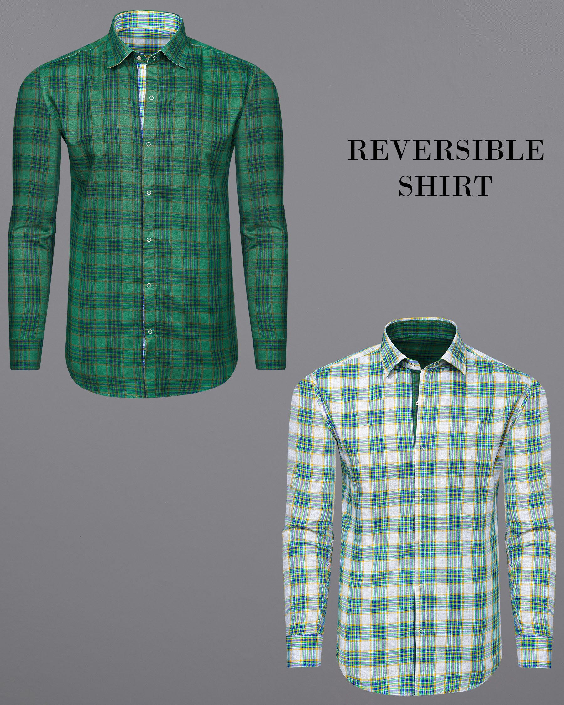 Cactus Green Plaid and Solitude White Plaid Herringbone Reversible Shirt 7539-38,7539-38,7539-39,7539-39,7539-40,7539-40,7539-42,7539-42,7539-44,7539-44,7539-46,7539-46,7539-48,7539-48,7539-50,7539-50,7539-52,7539-52
