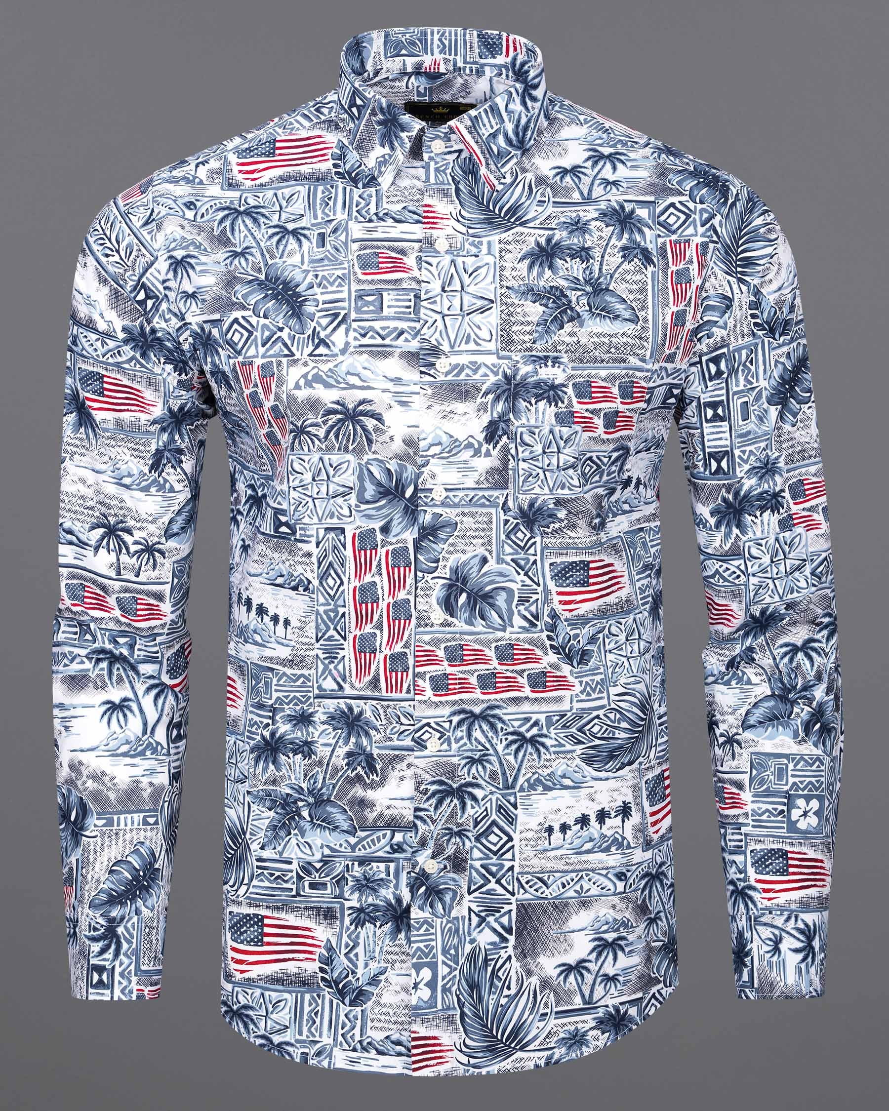 Bunting Navy Blue and Spindle Blue Tropical Printed with American Flag Premium Cotton Shirt 7556-38,7556-38,7556-39,7556-39,7556-40,7556-40,7556-42,7556-42,7556-44,7556-44,7556-46,7556-46,7556-48,7556-48,7556-50,7556-50,7556-52,7556-52