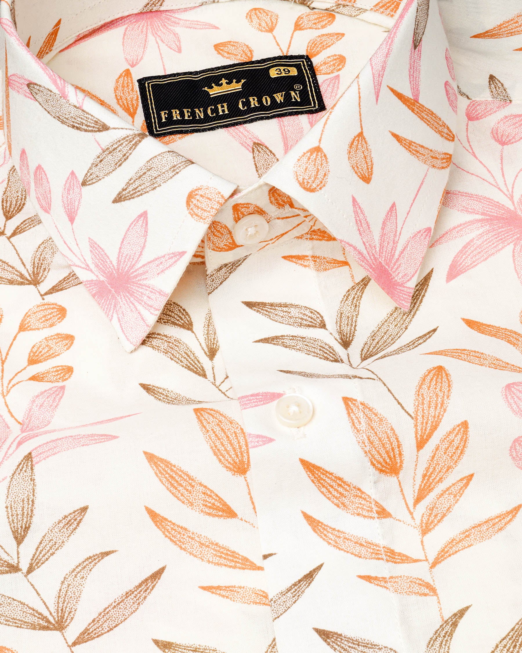 Bright White With Multi Coloured Leaves Printed Premium Cotton Shirt