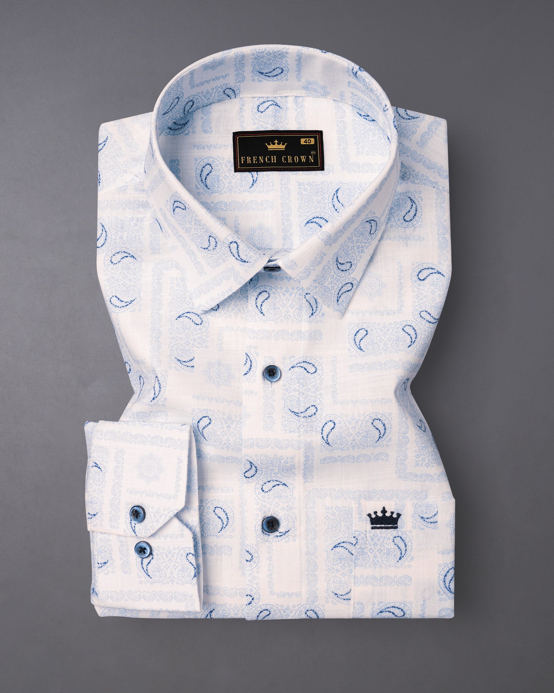 Bright White and Cobalt Paisley Formal/Casual Prints Premium Linen