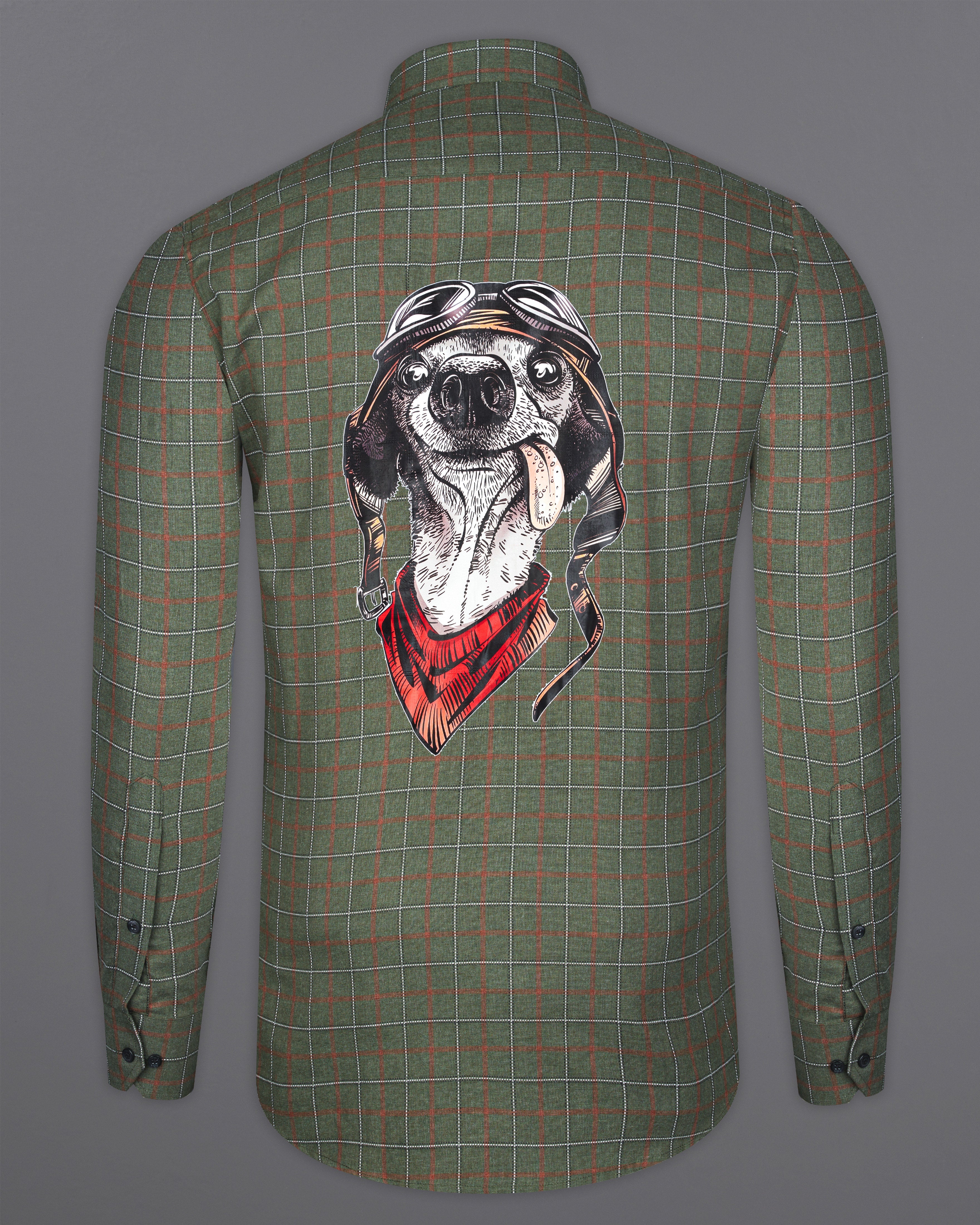 Asparagus Green with Chestnut Brown Checkered with Comical Dog Printed Super Soft Premium Cotton Designer Shirt