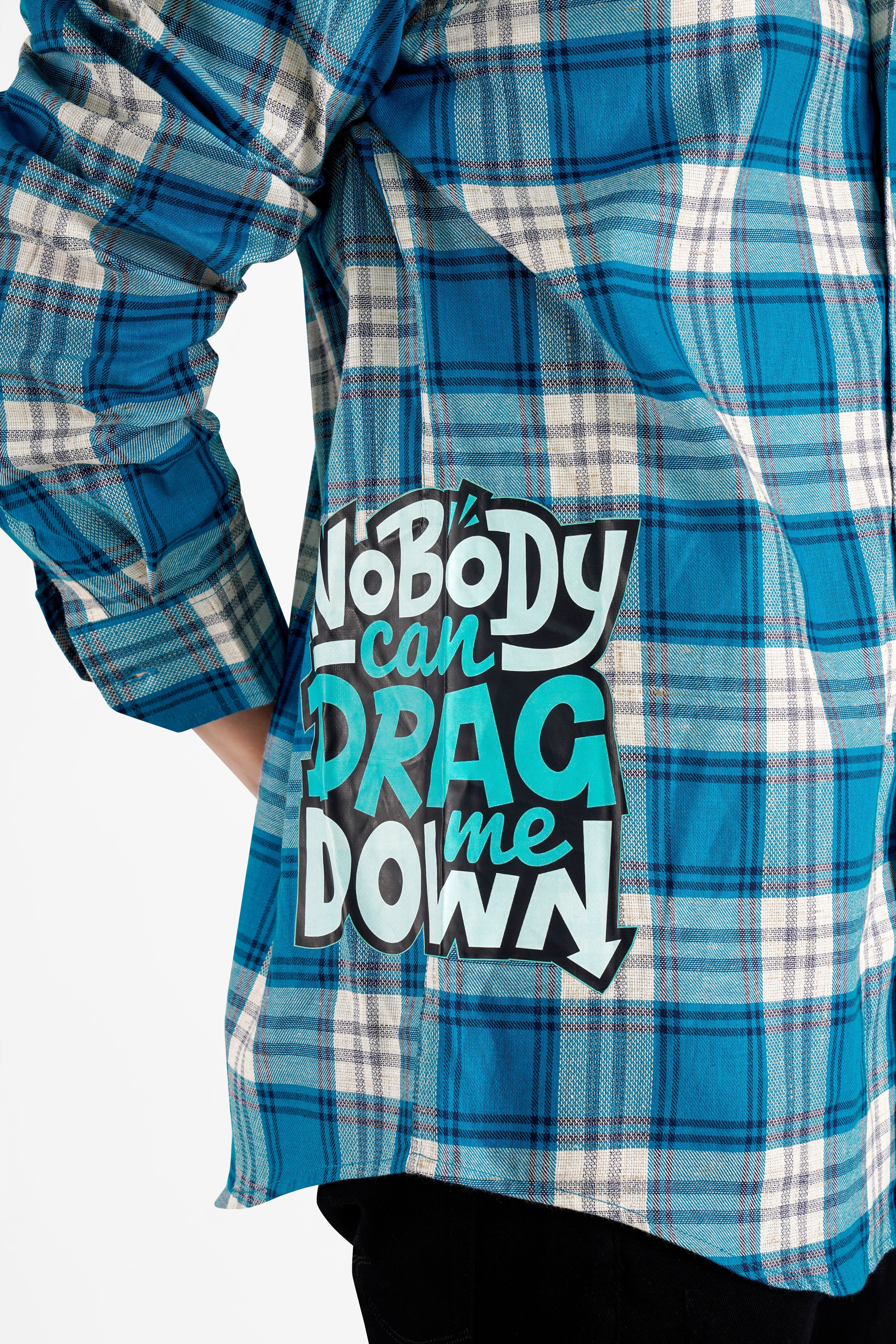 Carolina with Prussian Blue and White Checkered Funky Printed Dobby Premium Giza Cotton Designer Shirt