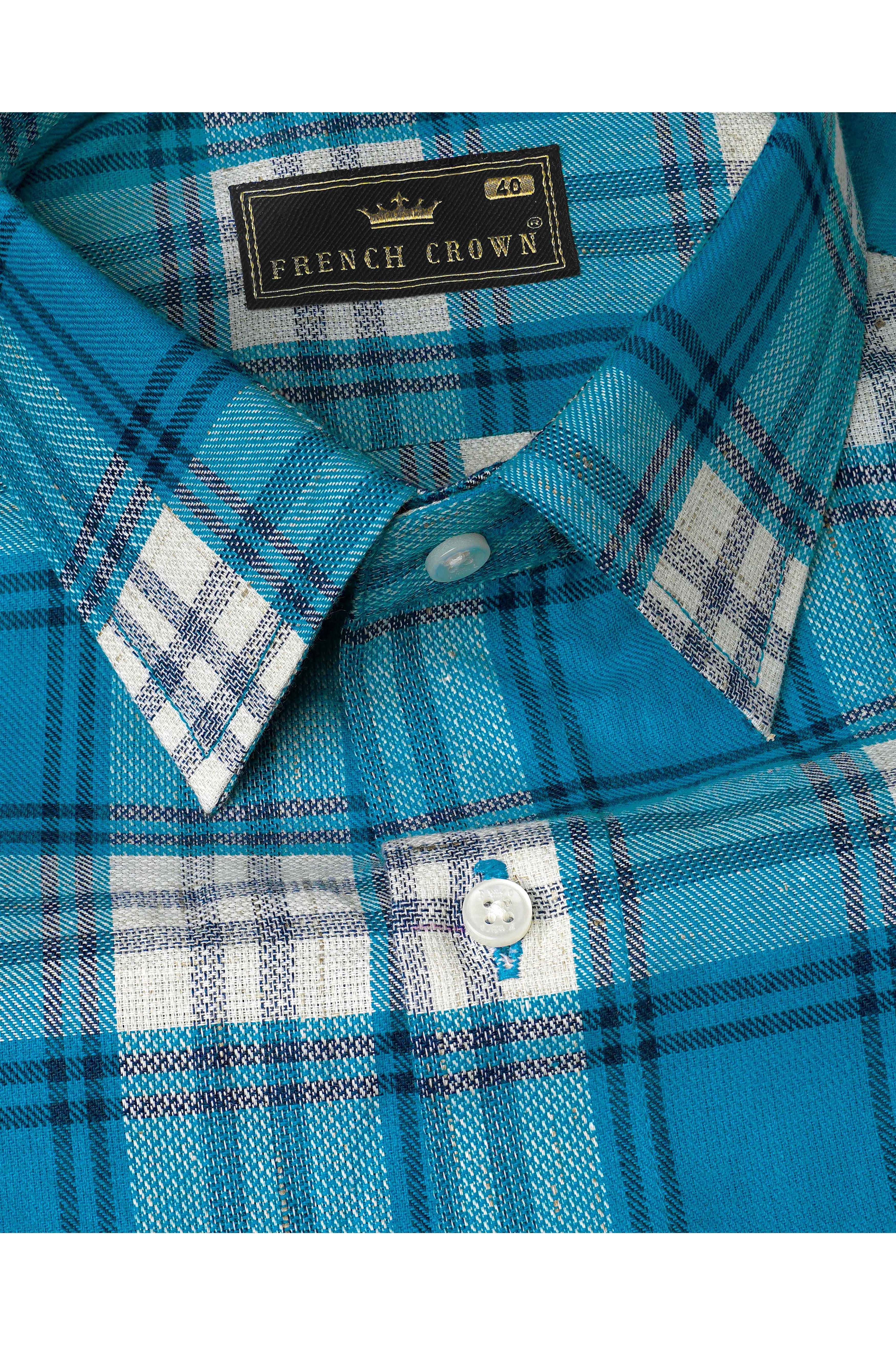 Carolina with Prussian Blue and White Checkered Funky Printed Dobby Premium Giza Cotton Designer Shirt