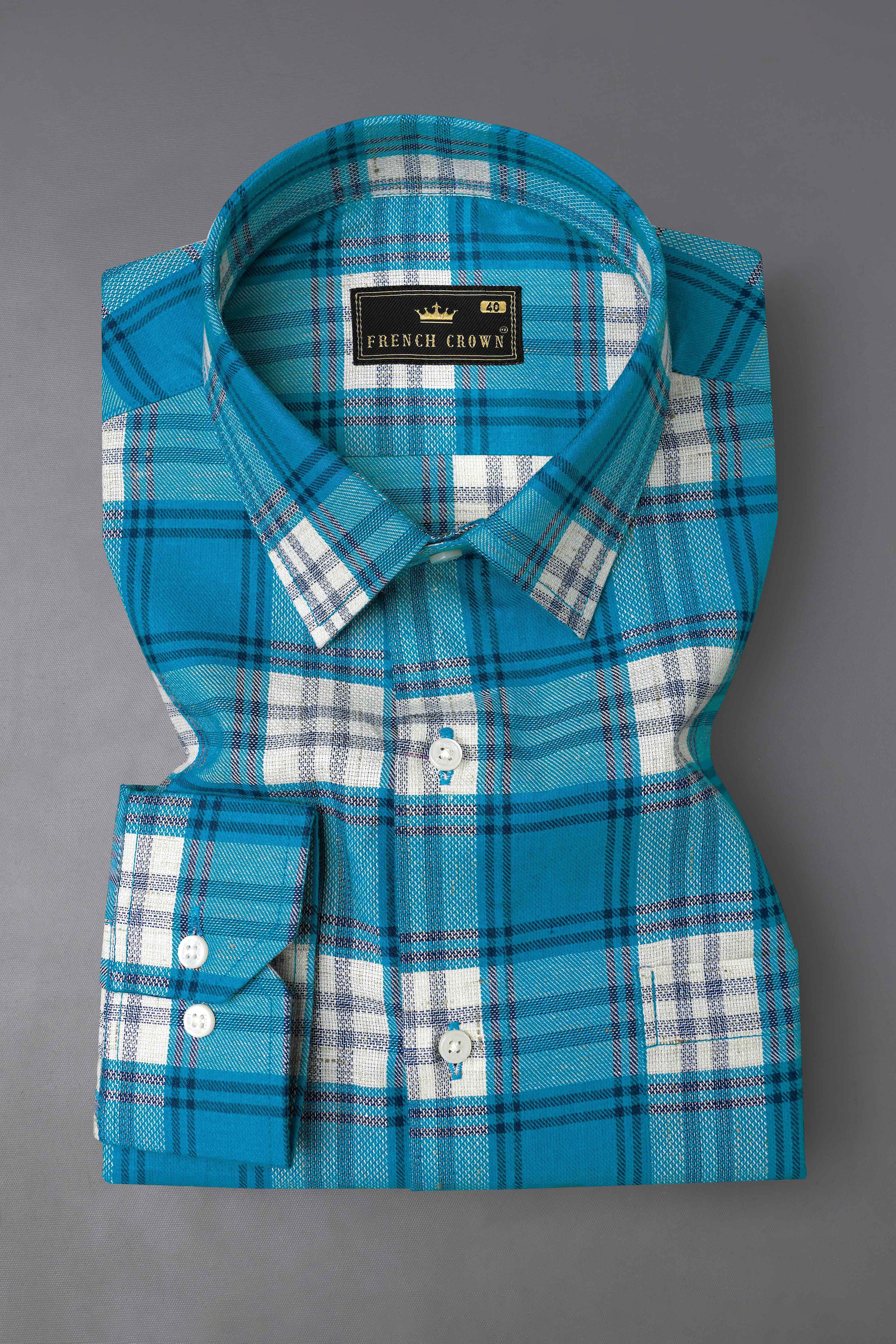 Carolina with Prussian Blue and White Checkered Funky Printed Dobby Premium Giza Cotton Designer Shirt