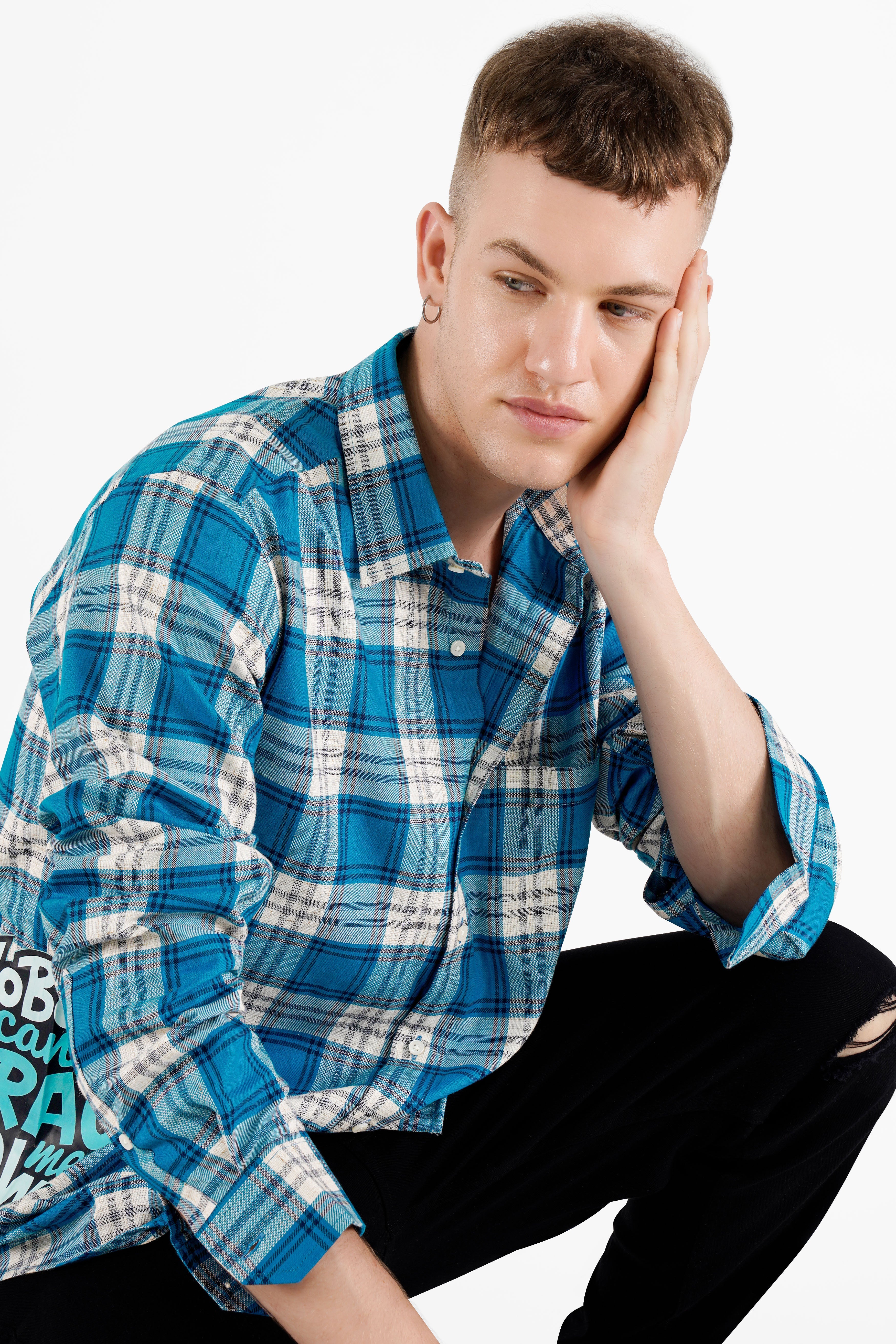 Carolina with Prussian Blue and White Checkered Funky Printed Dobby Premium Giza Cotton Designer Shirt