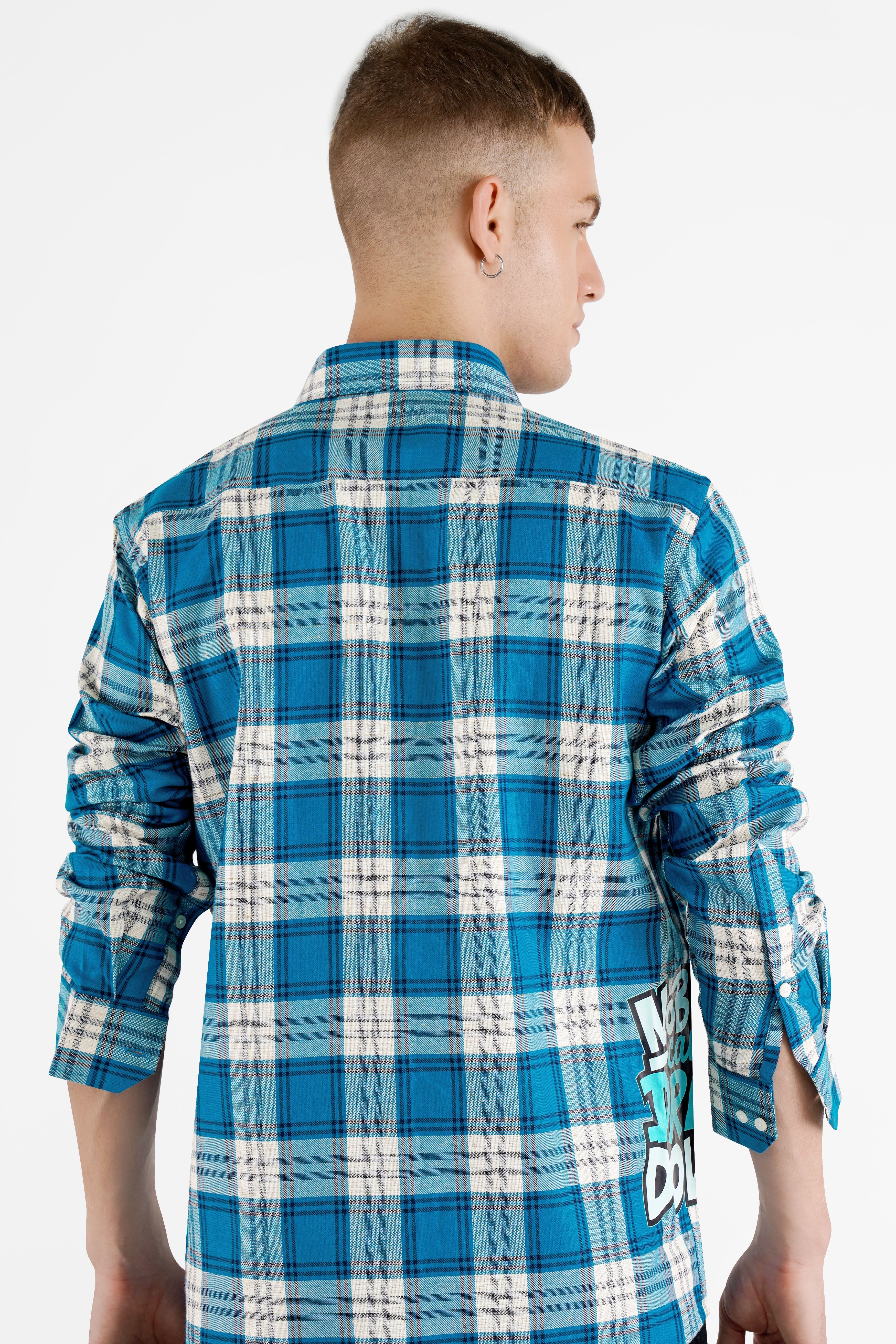 Carolina with Prussian Blue and White Checkered Funky Printed Dobby Premium Giza Cotton Designer Shirt