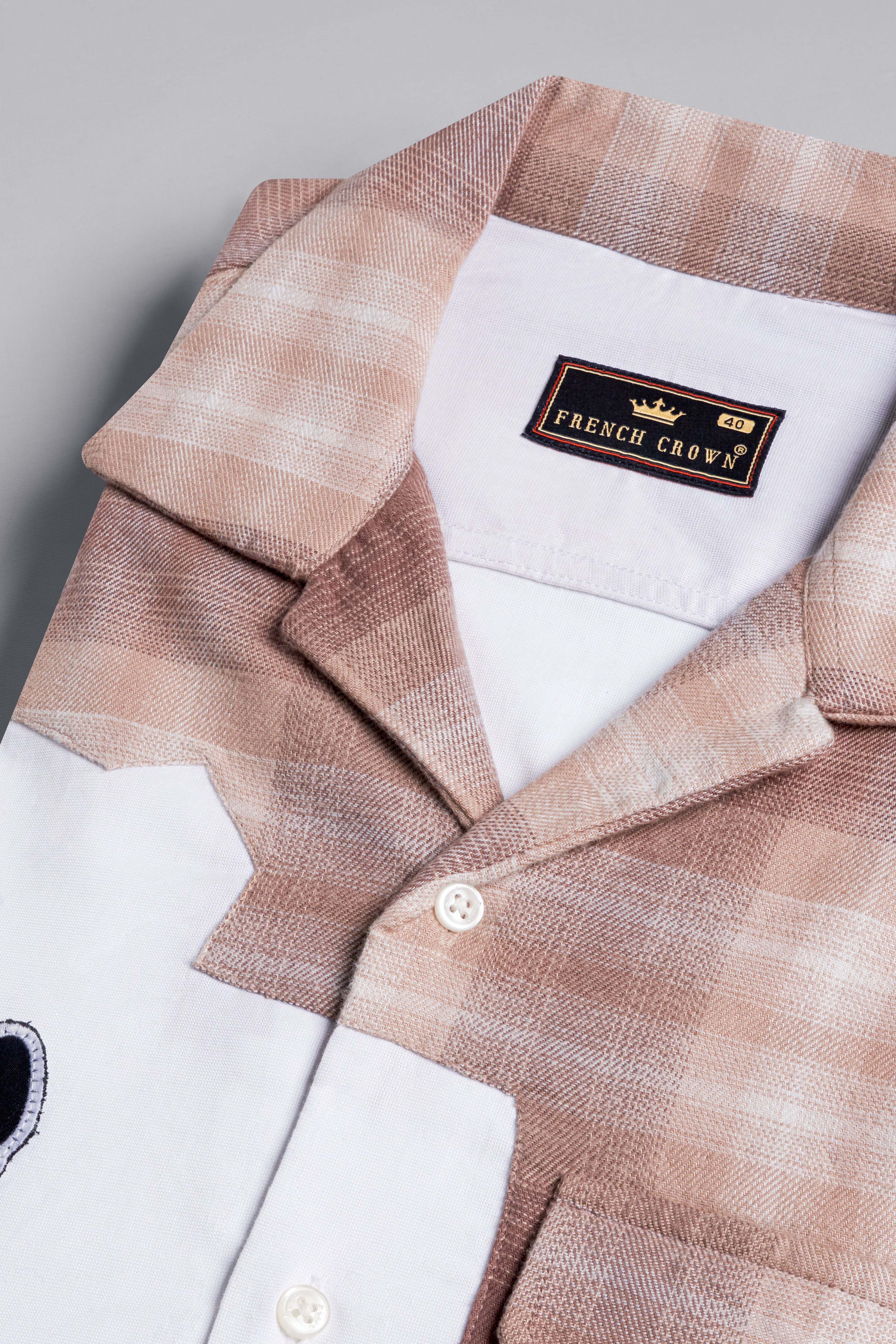 Bright White with Beige Embroidered Patchwork Chambray Designer Shirt
