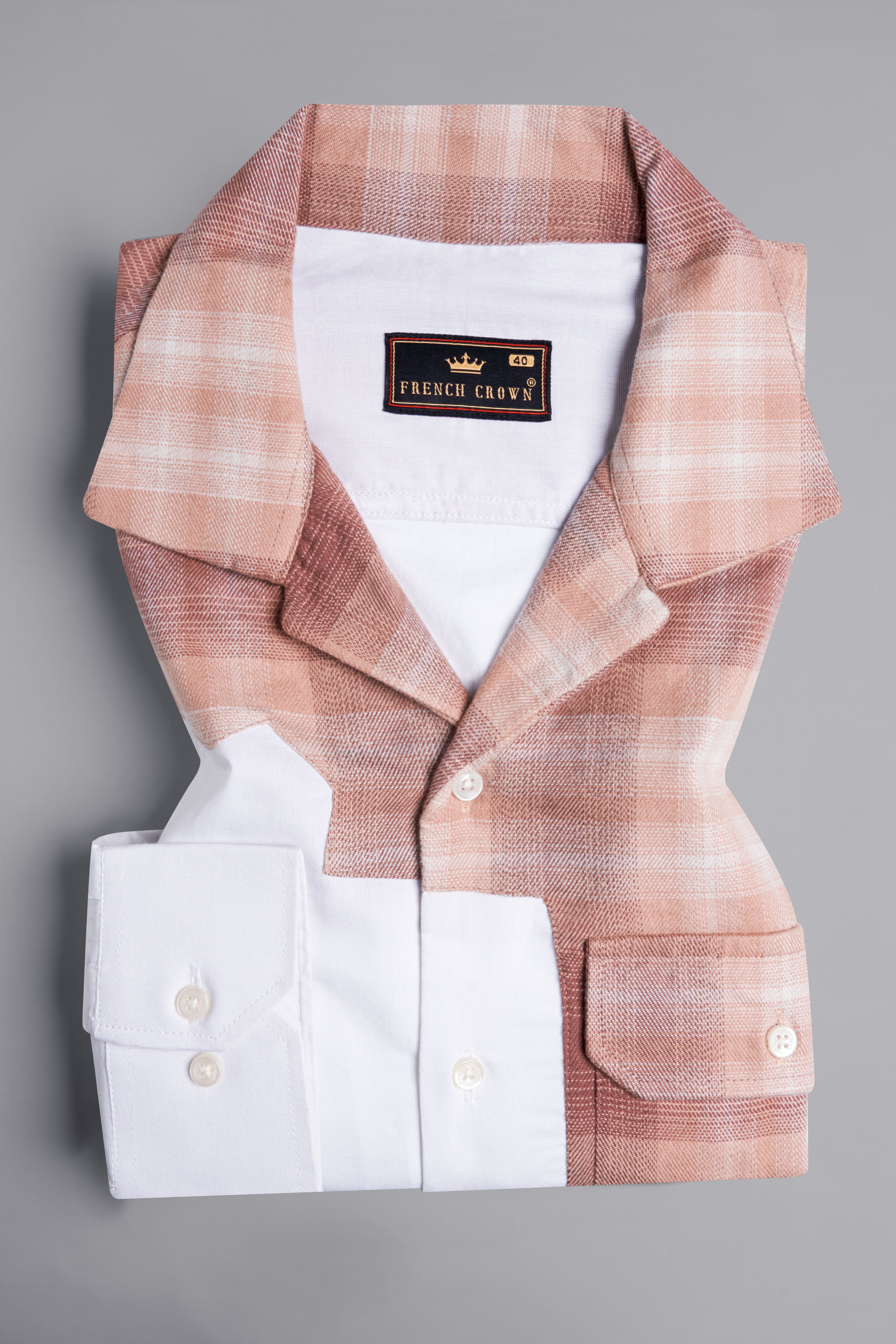 Bright White with Beige Embroidered Patchwork Chambray Designer Shirt