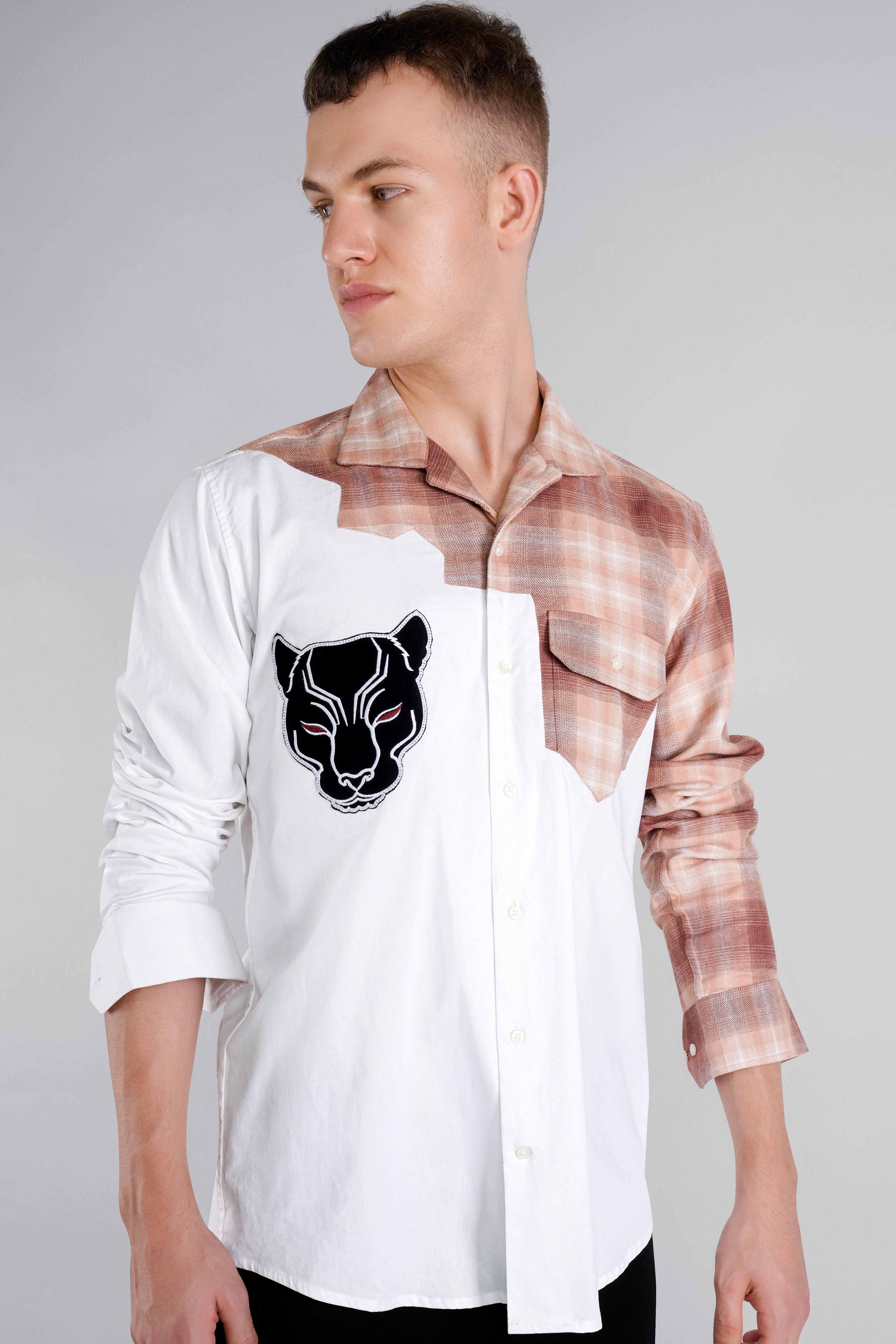 Bright White with Beige Embroidered Patchwork Chambray Designer Shirt