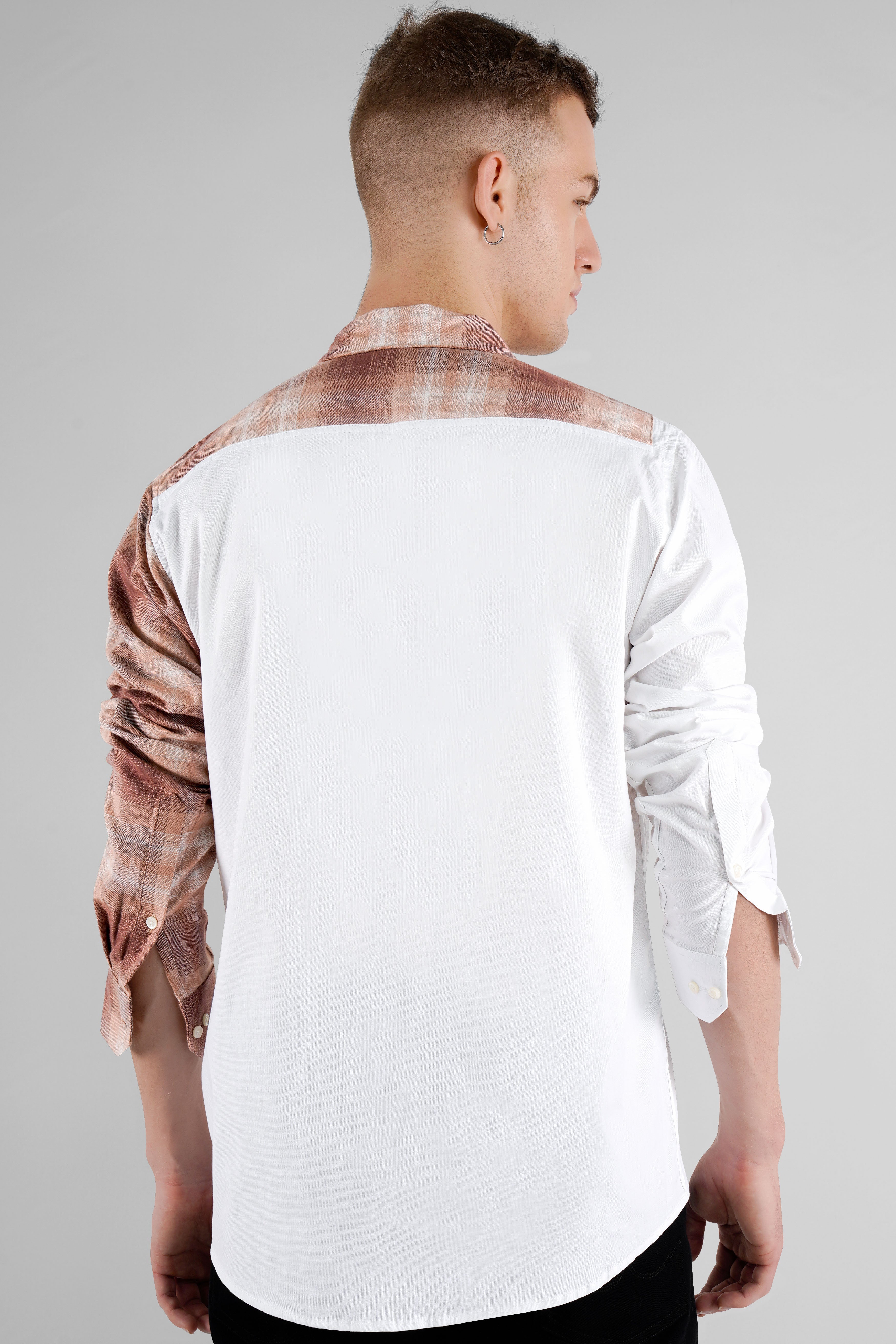 Bright White with Beige Embroidered Patchwork Chambray Designer Shirt