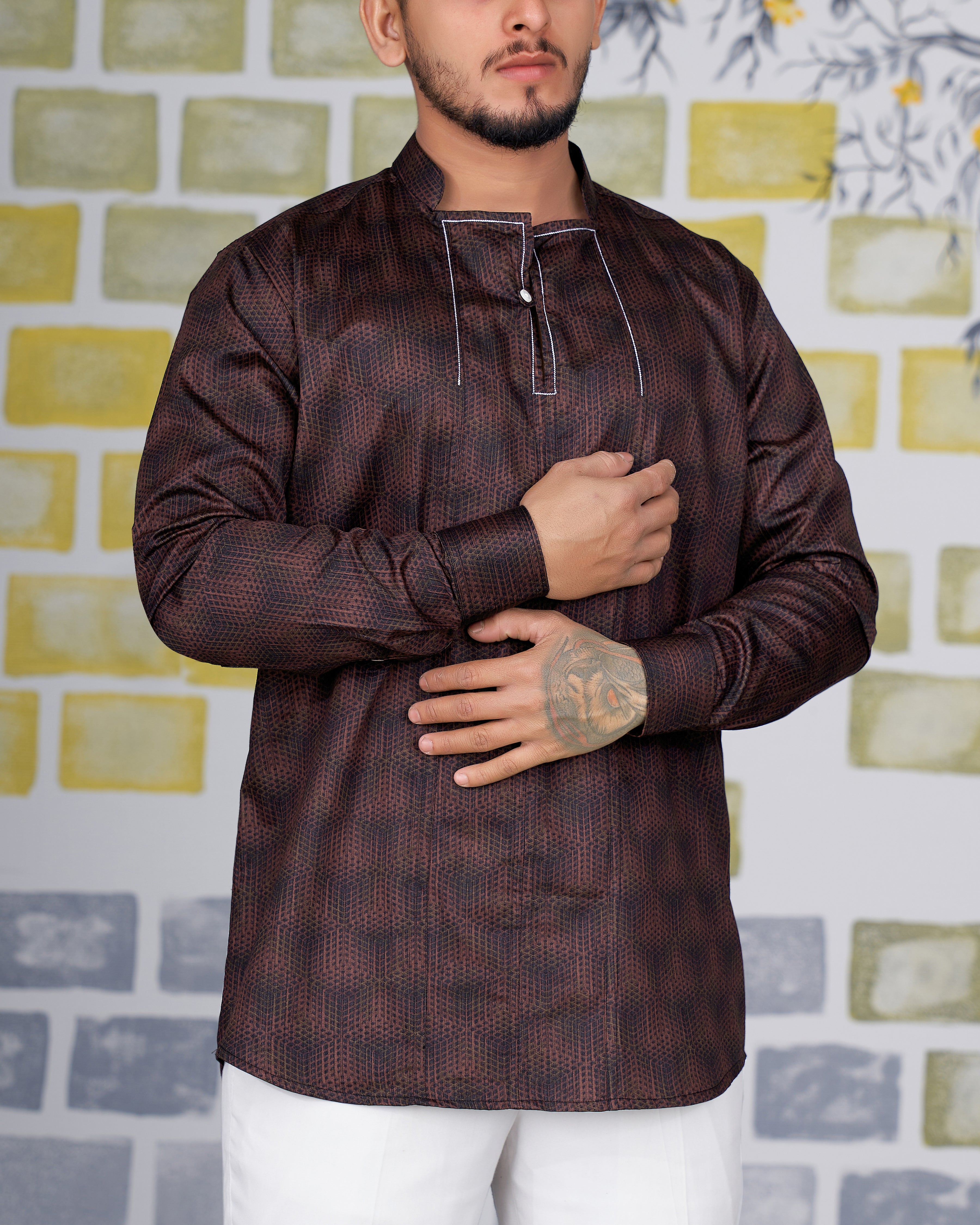Congo Brown Subtle Checkered Super Soft Premium Cotton Designer Kurta Shirt