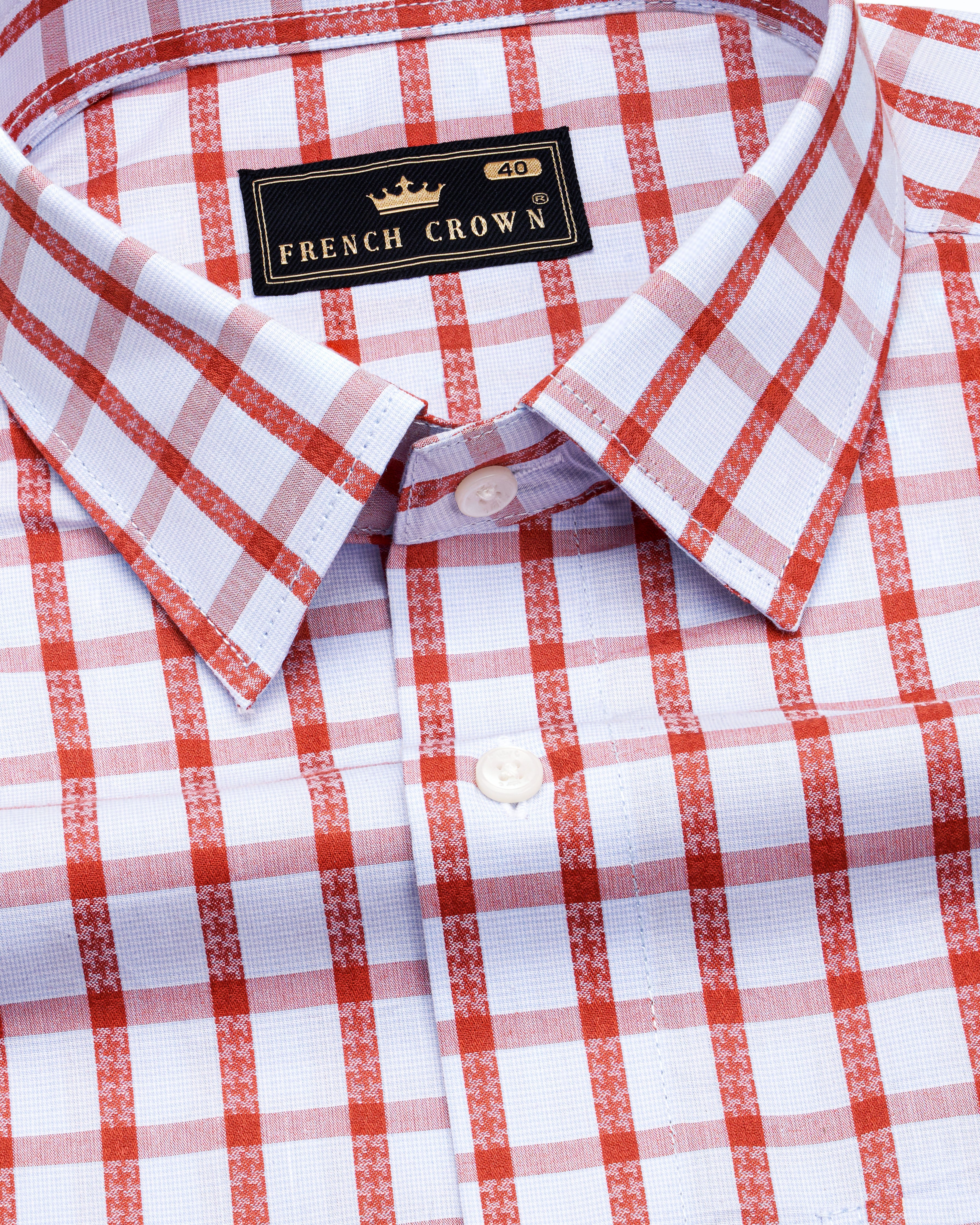 Bright White and Chestnut Red Checkered Dobby Textured Premium Giza Cotton Shirt  8656-38,8656-H-38,8656-39,8656-H-39,8656-40,8656-H-40,8656-42,8656-H-42,8656-44,8656-H-44,8656-46,8656-H-46,8656-48,8656-H-48,8656-50,8656-H-50,8656-52,8656-H-52