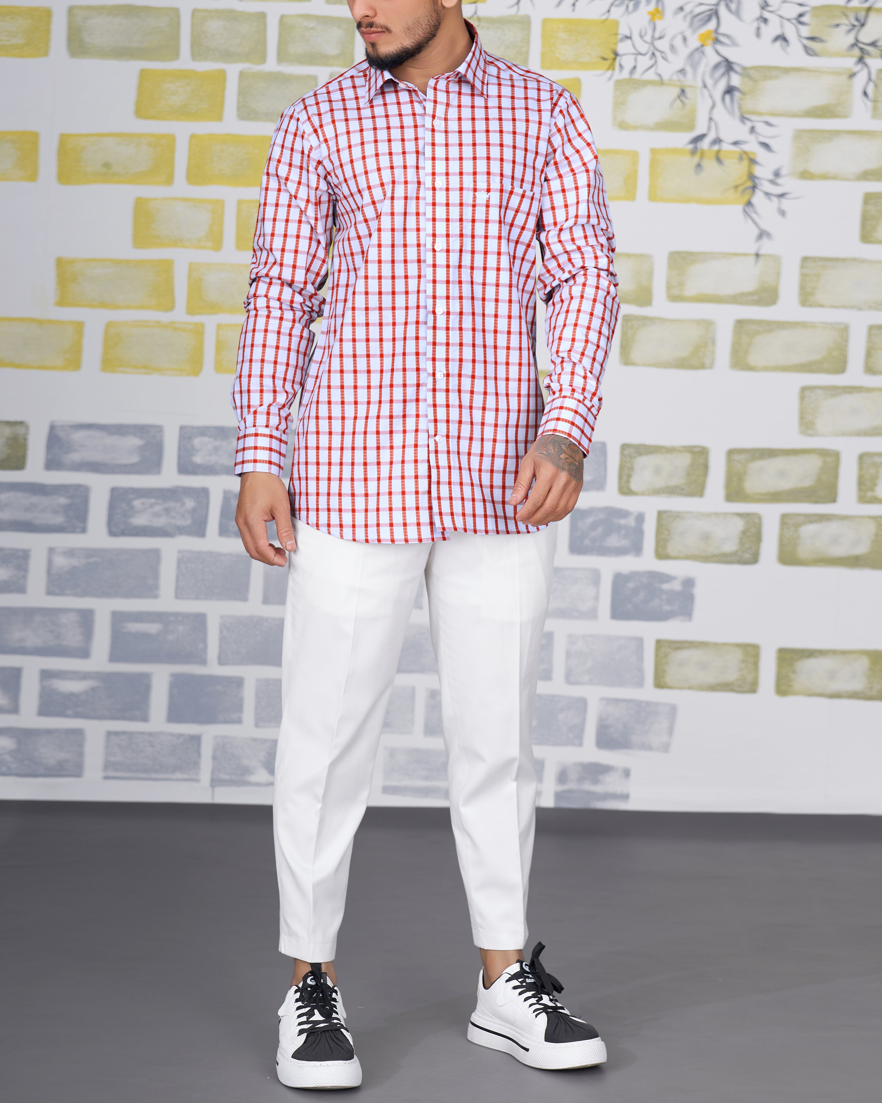 Bright White and Chestnut Red Checkered Dobby Textured Premium Giza Cotton Shirt