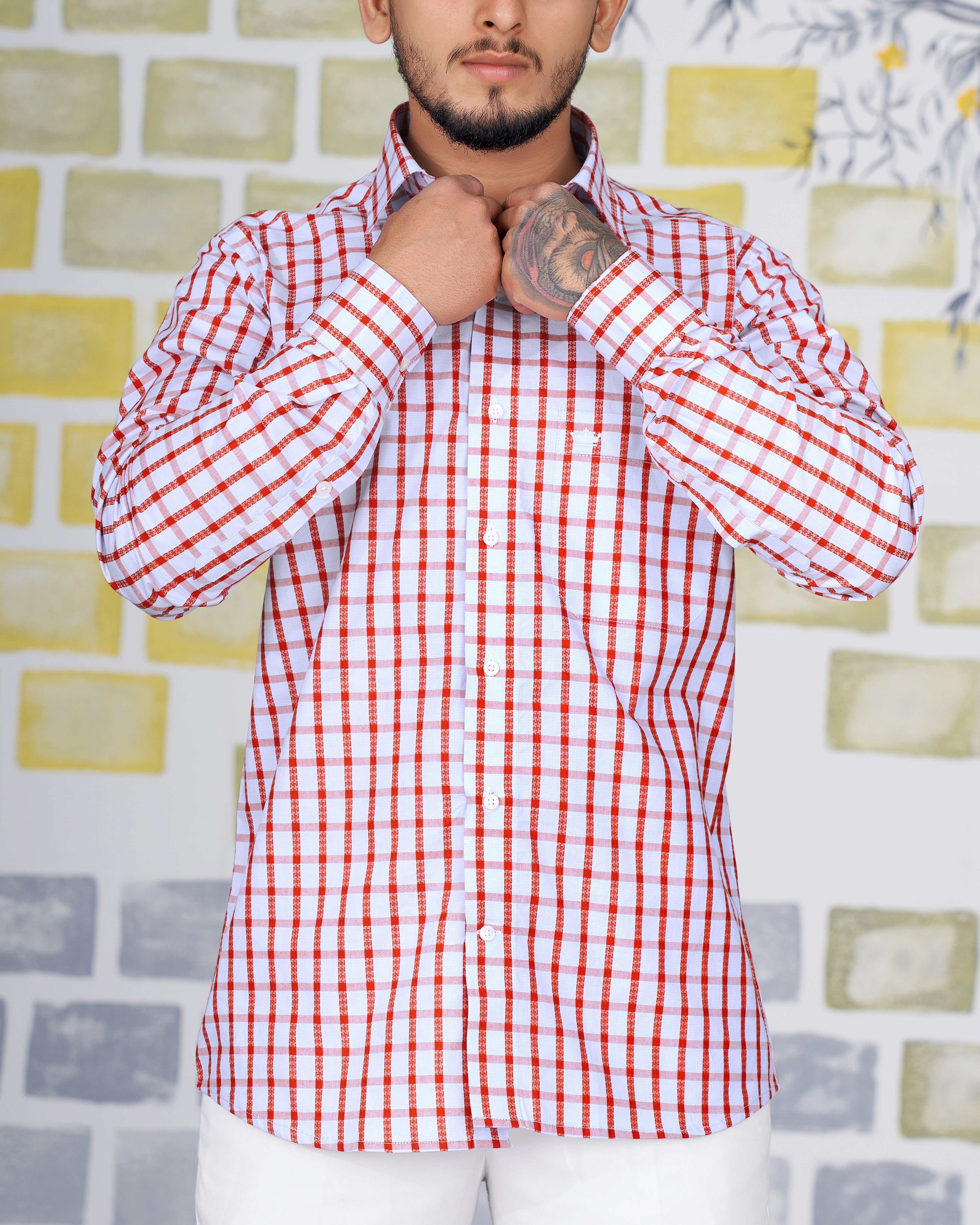 Bright White and Chestnut Red Checkered Dobby Textured Premium Giza Cotton Shirt