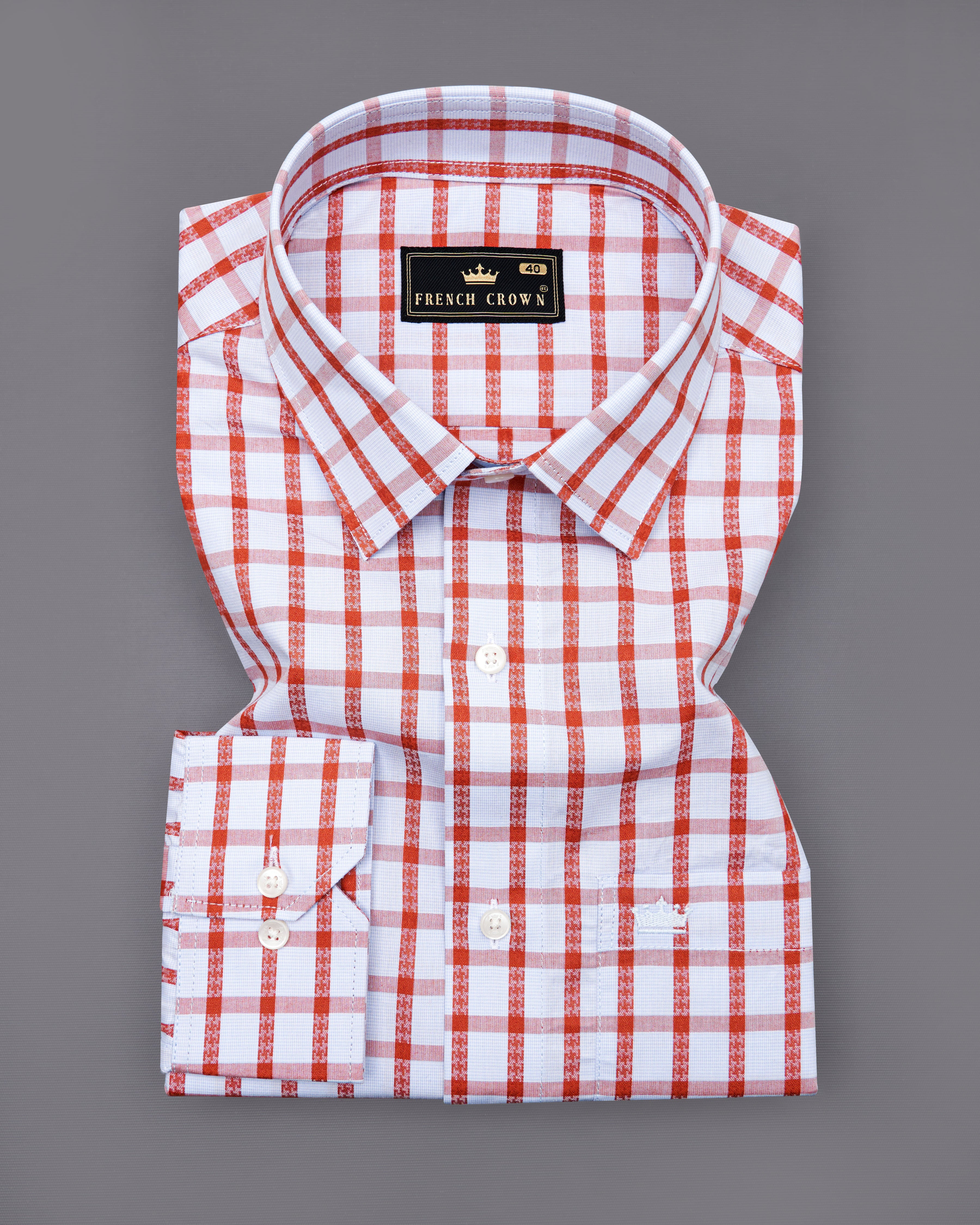 Bright White and Chestnut Red Checkered Dobby Textured Premium Giza Cotton Shirt  8656-38,8656-H-38,8656-39,8656-H-39,8656-40,8656-H-40,8656-42,8656-H-42,8656-44,8656-H-44,8656-46,8656-H-46,8656-48,8656-H-48,8656-50,8656-H-50,8656-52,8656-H-52