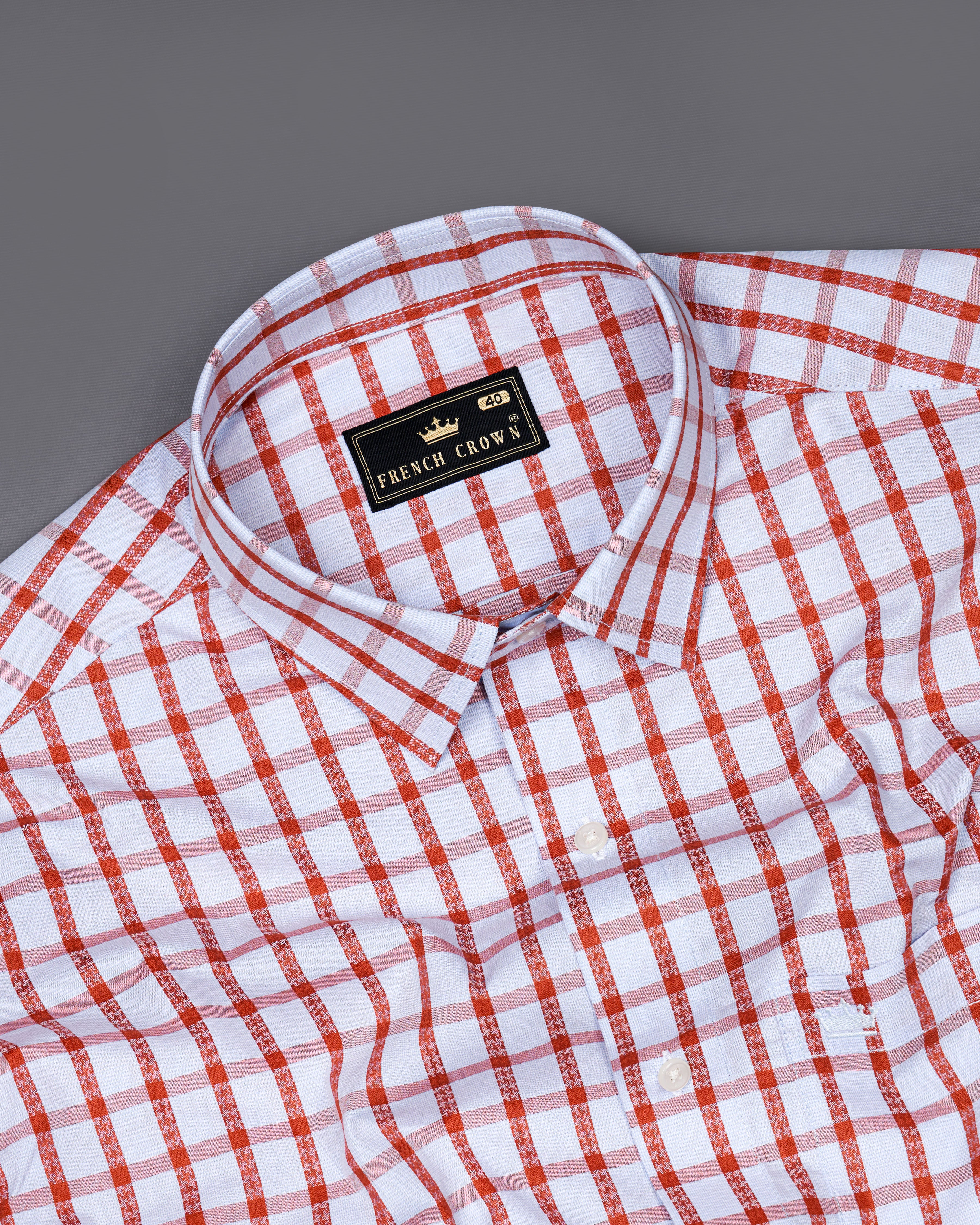 Bright White and Chestnut Red Checkered Dobby Textured Premium Giza Cotton Shirt  8656-38,8656-H-38,8656-39,8656-H-39,8656-40,8656-H-40,8656-42,8656-H-42,8656-44,8656-H-44,8656-46,8656-H-46,8656-48,8656-H-48,8656-50,8656-H-50,8656-52,8656-H-52