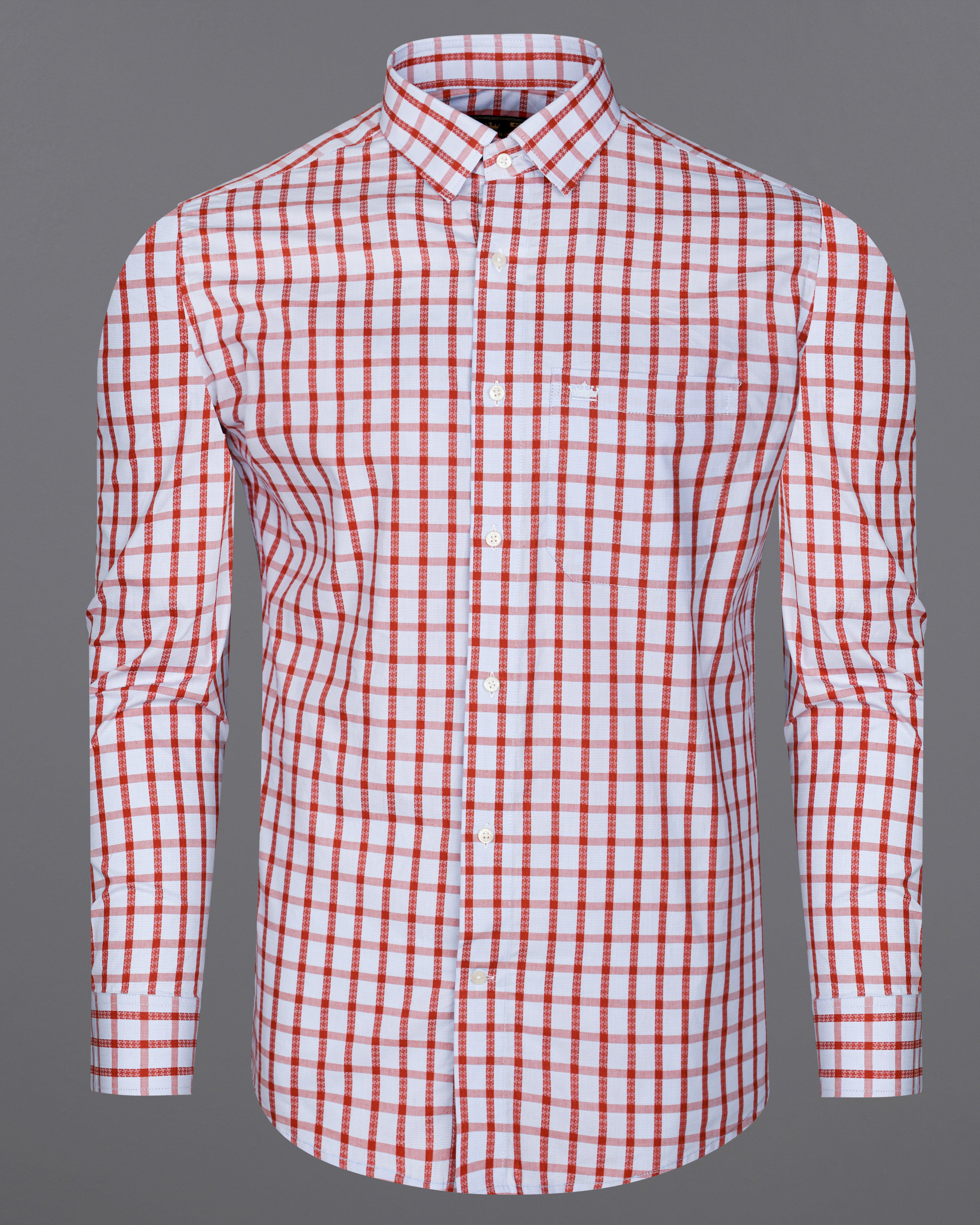 Bright White and Chestnut Red Checkered Dobby Textured Premium Giza Cotton Shirt  8656-38,8656-H-38,8656-39,8656-H-39,8656-40,8656-H-40,8656-42,8656-H-42,8656-44,8656-H-44,8656-46,8656-H-46,8656-48,8656-H-48,8656-50,8656-H-50,8656-52,8656-H-52