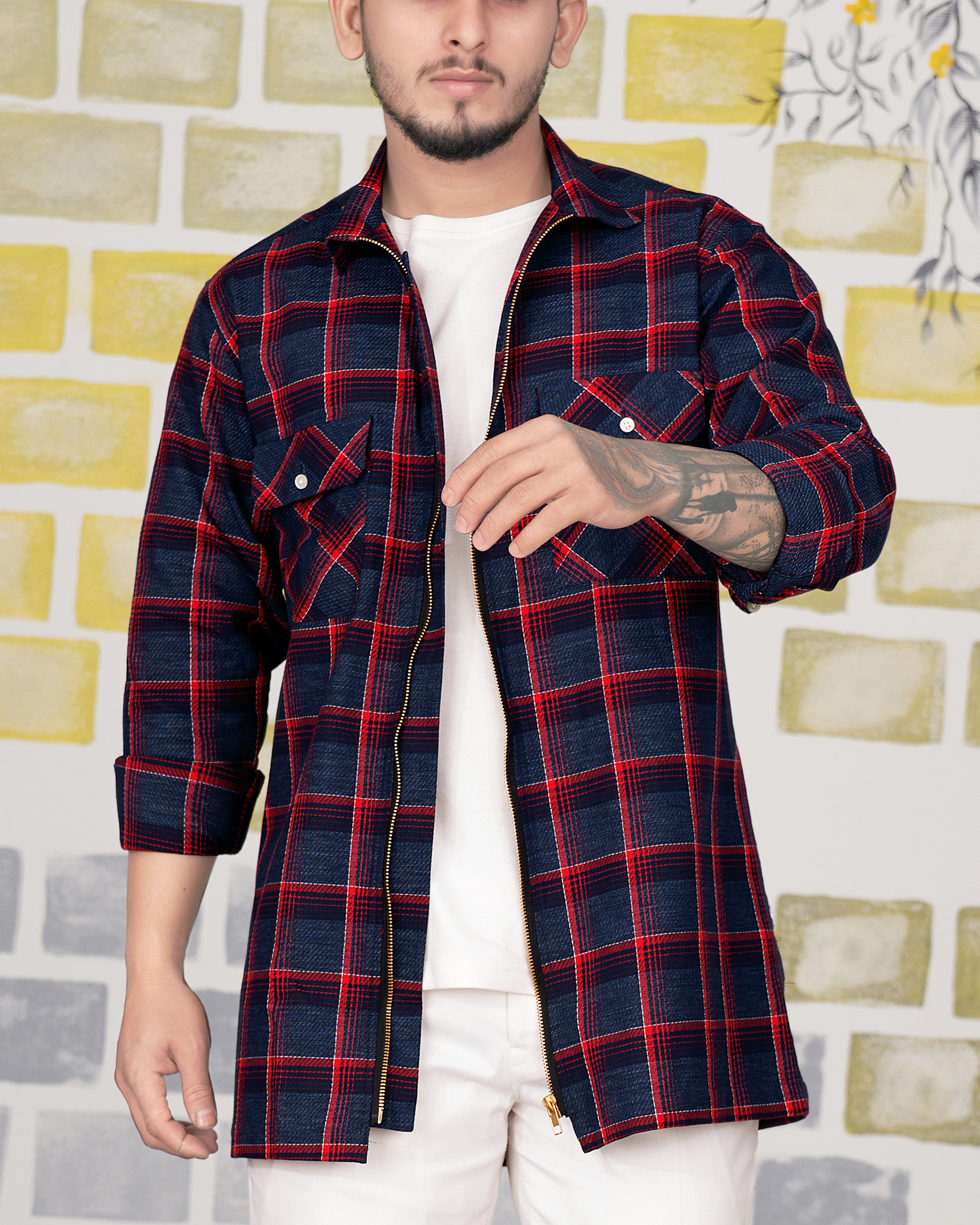 Ebony Blue with Sangria Red Twill Windowpane Premium Cotton Zipper Closure Overshirt/Shacket