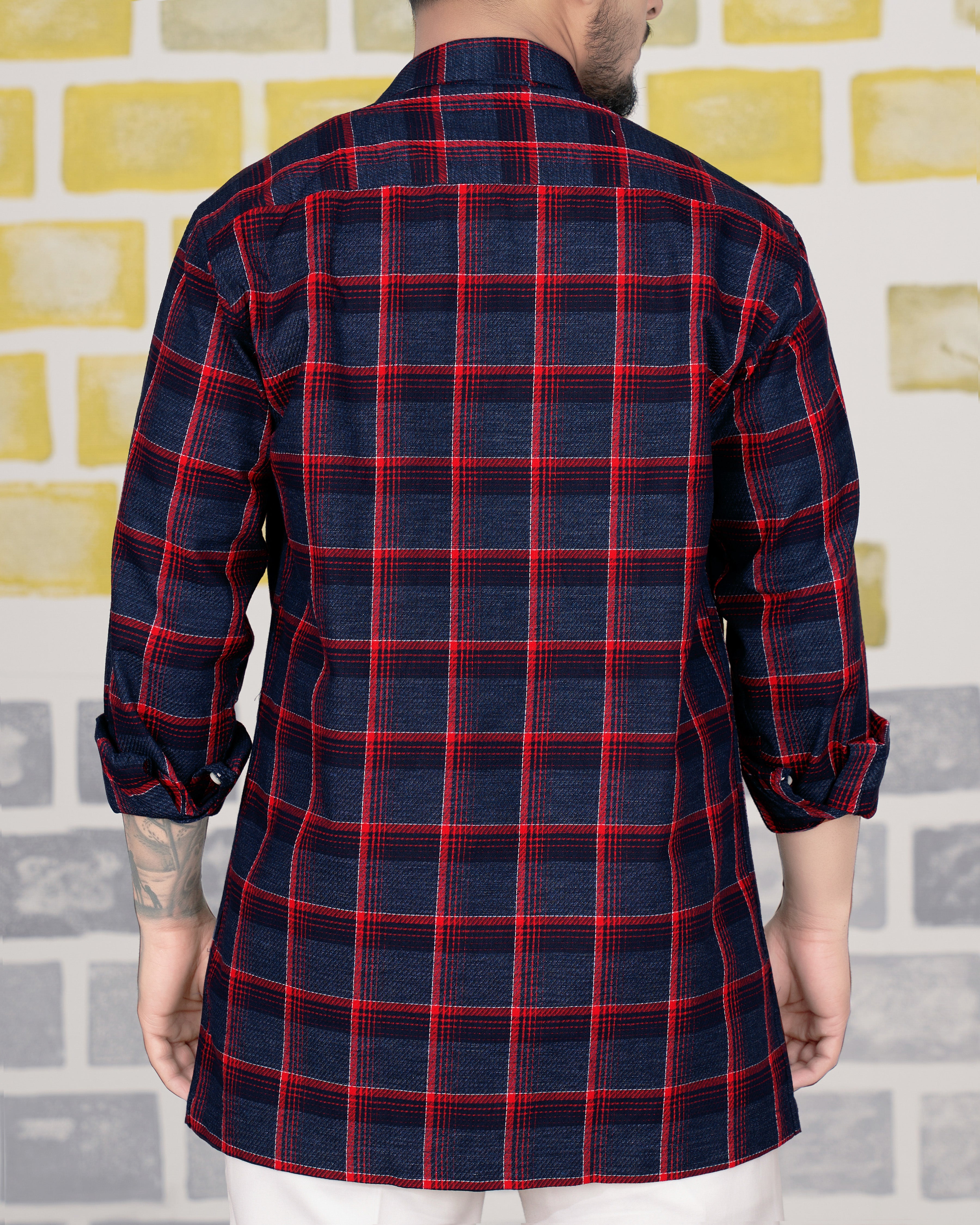 Ebony Blue with Sangria Red Twill Windowpane Premium Cotton Zipper Closure Overshirt/Shacket