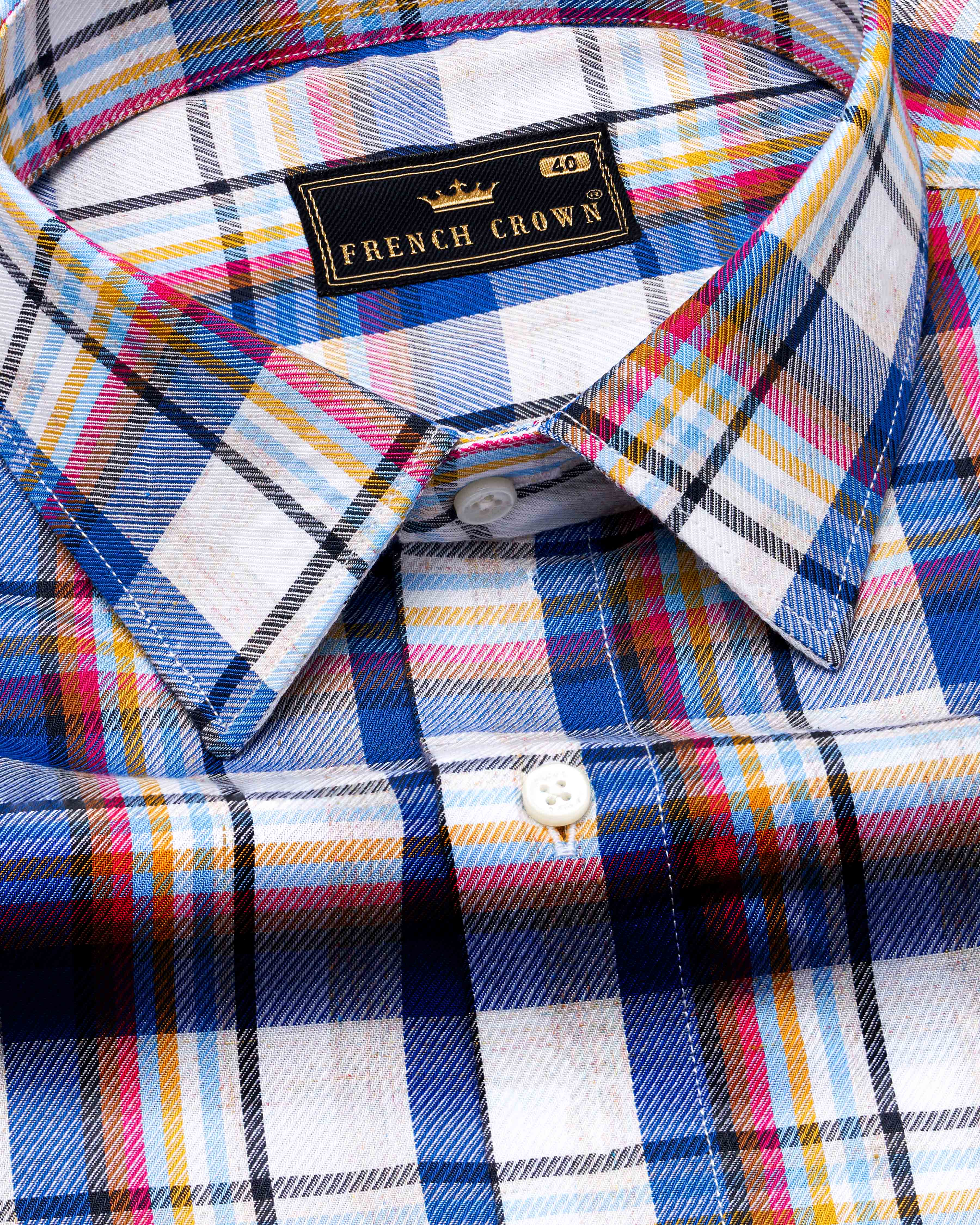 Fawn White with Azure Blue Twill Plaid Premium Cotton Shirt 8728-38,8728-H-38,8728-39,8728-H-39,8728-40,8728-H-40,8728-42,8728-H-42,8728-44,8728-H-44,8728-46,8728-H-46,8728-48,8728-H-48,8728-50,8728-H-50,8728-52,8728-H-52