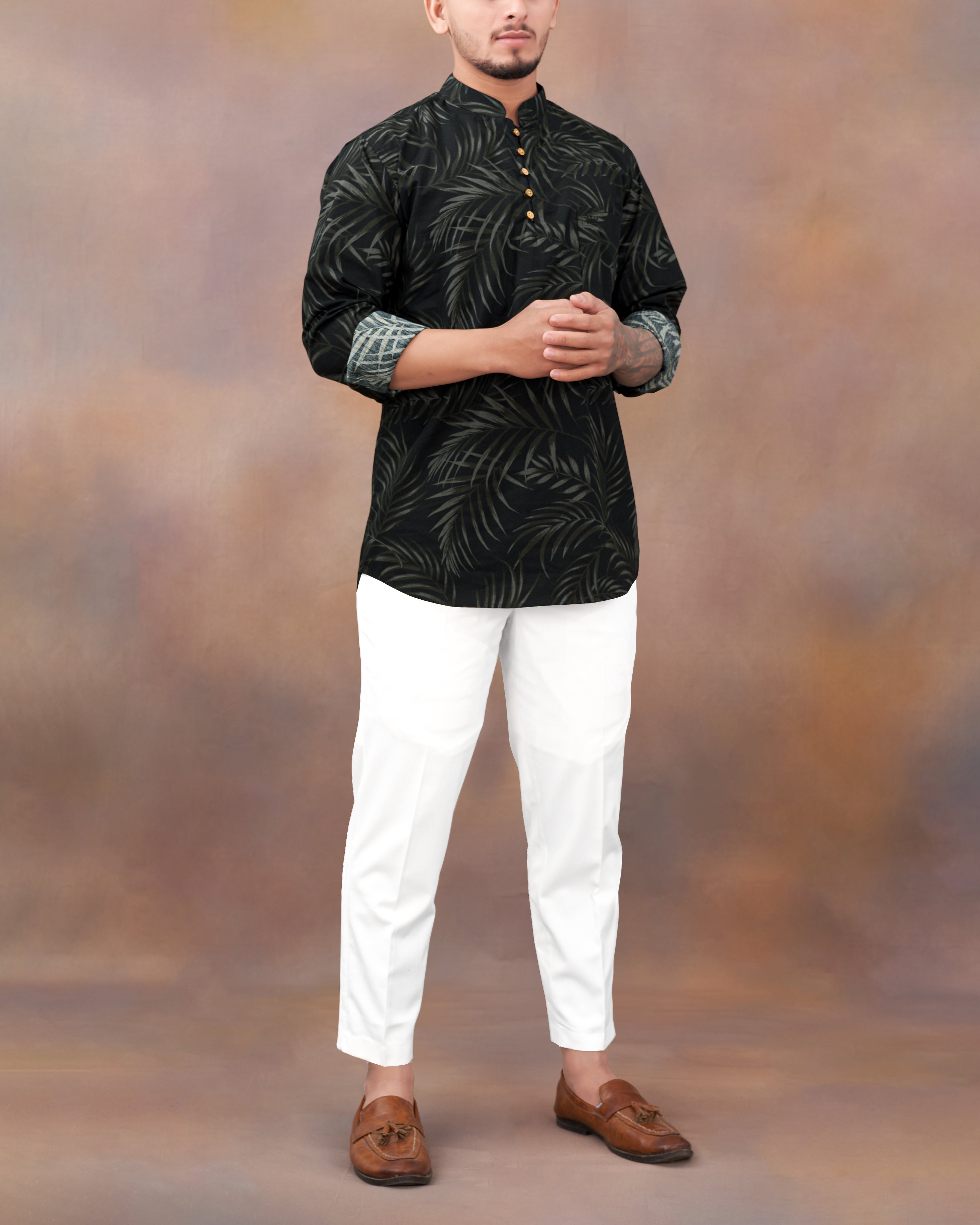 Jade Black Leaves Printed Premium Cotton Kurta Shirt