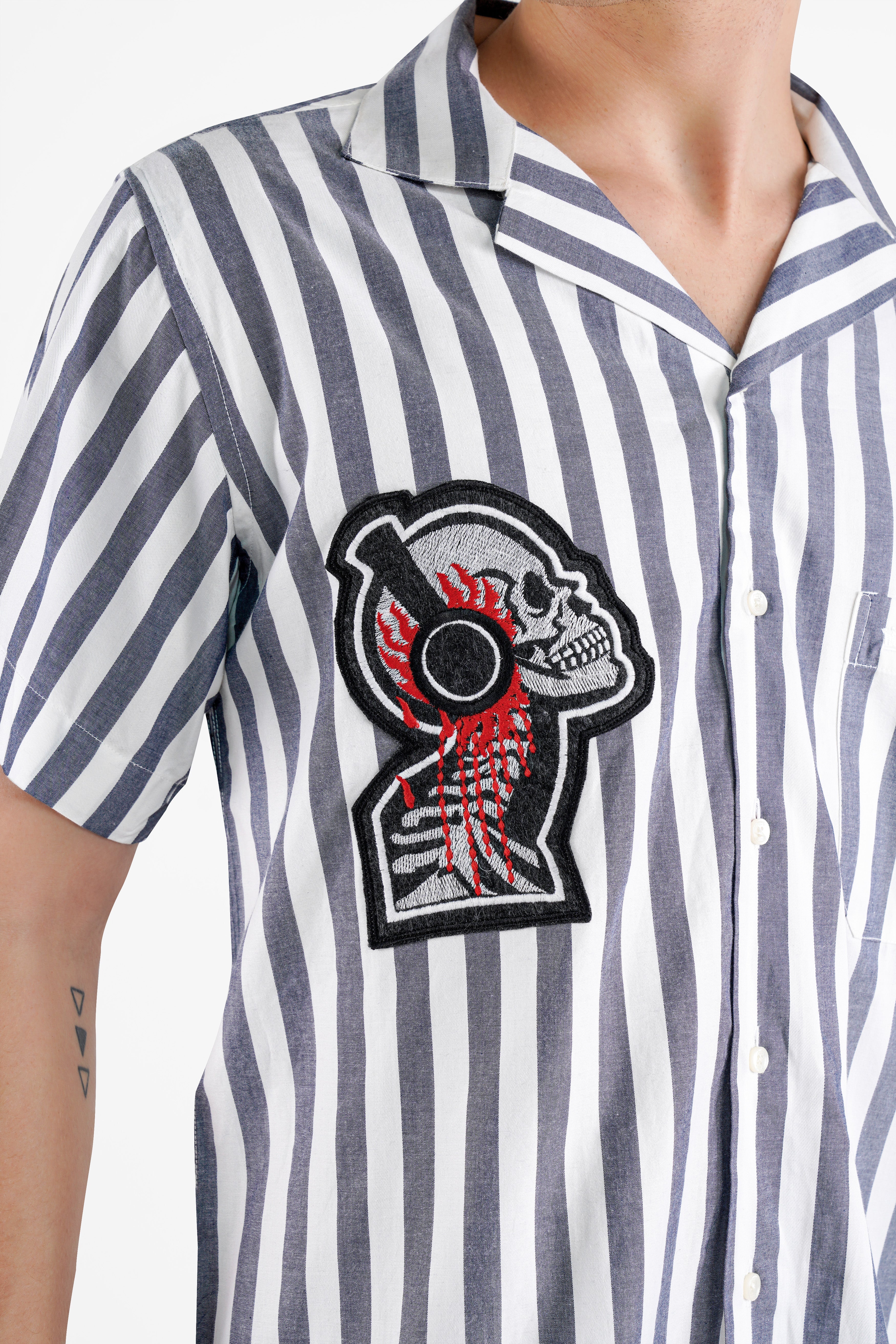 Bright White and Waterloo Gray Striped with Embroidered Patchwork Premium Cotton Designer Shirt