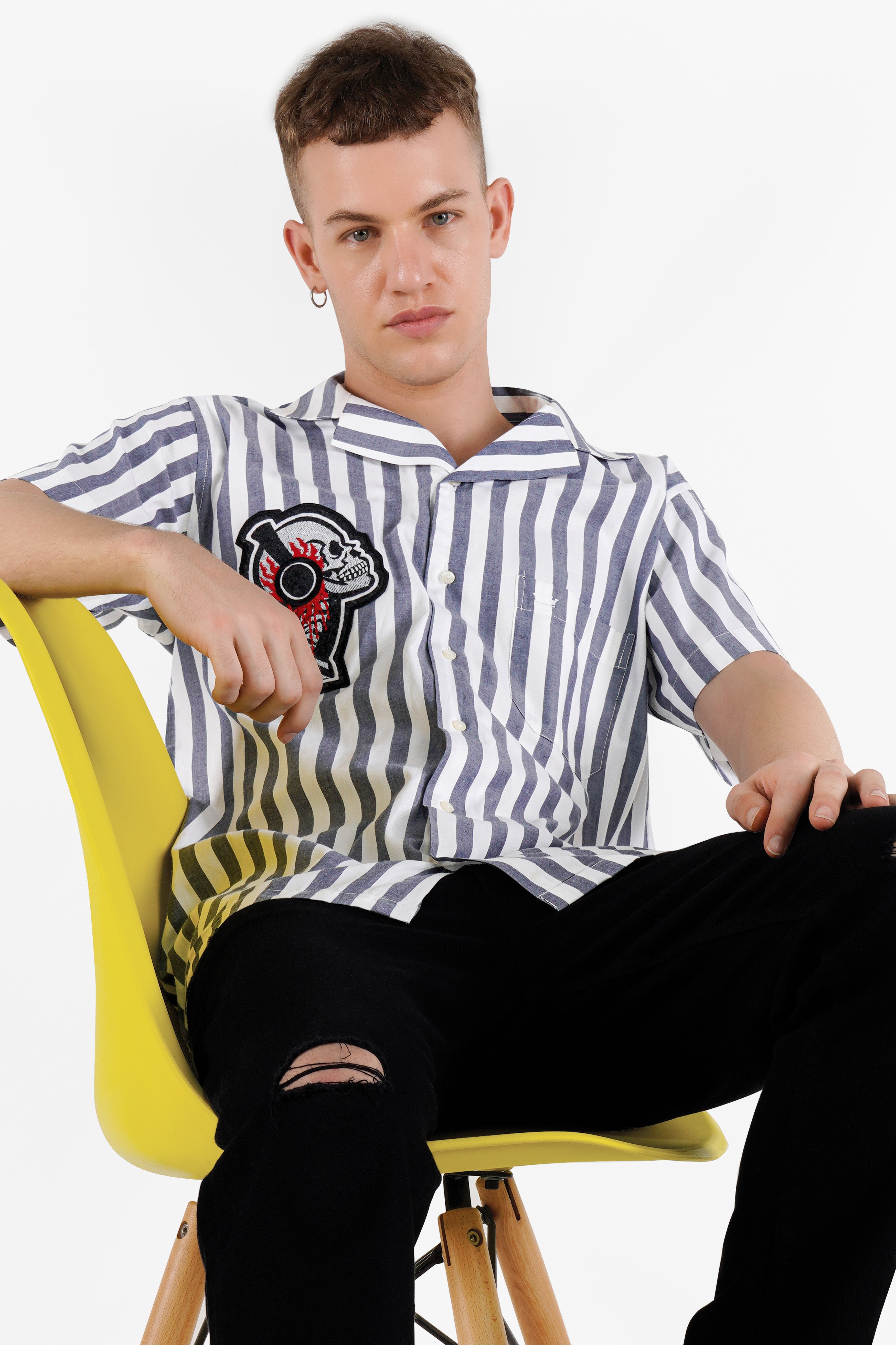 Bright White and Waterloo Gray Striped with Embroidered Patchwork Premium Cotton Designer Shirt