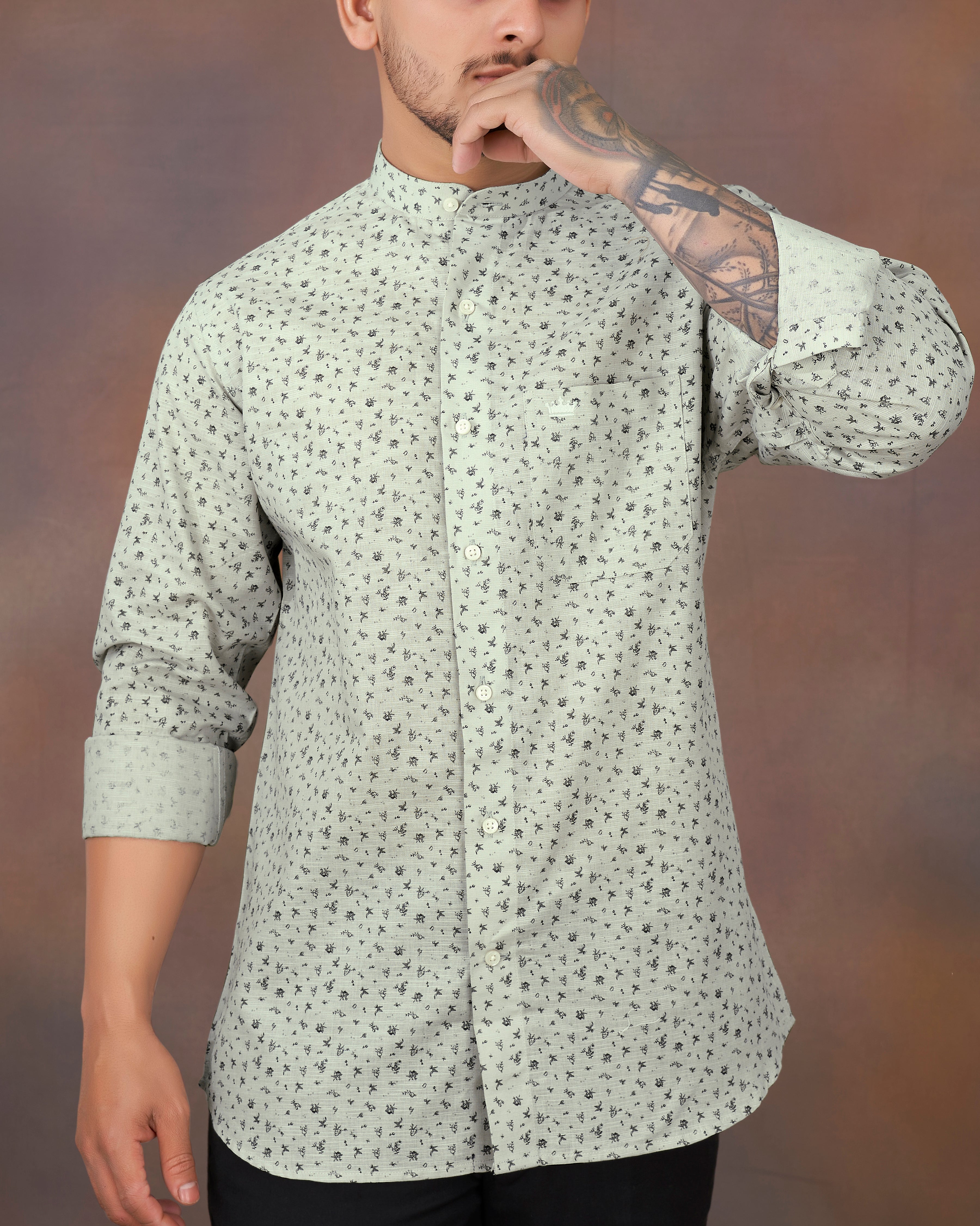 Pumice Green Ditsy Printed Luxurious Linen Shirt