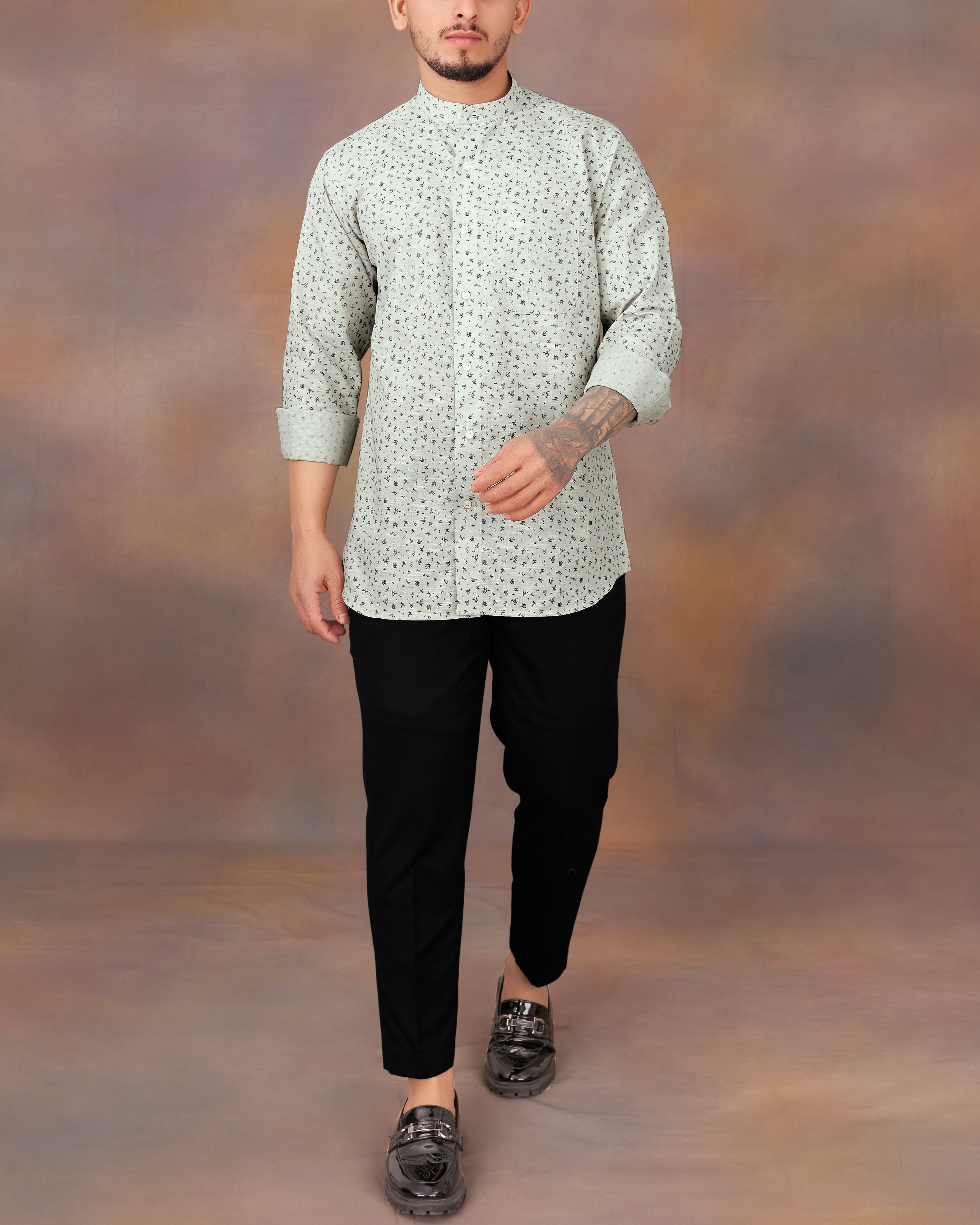 Pumice Green Ditsy Printed Luxurious Linen Shirt