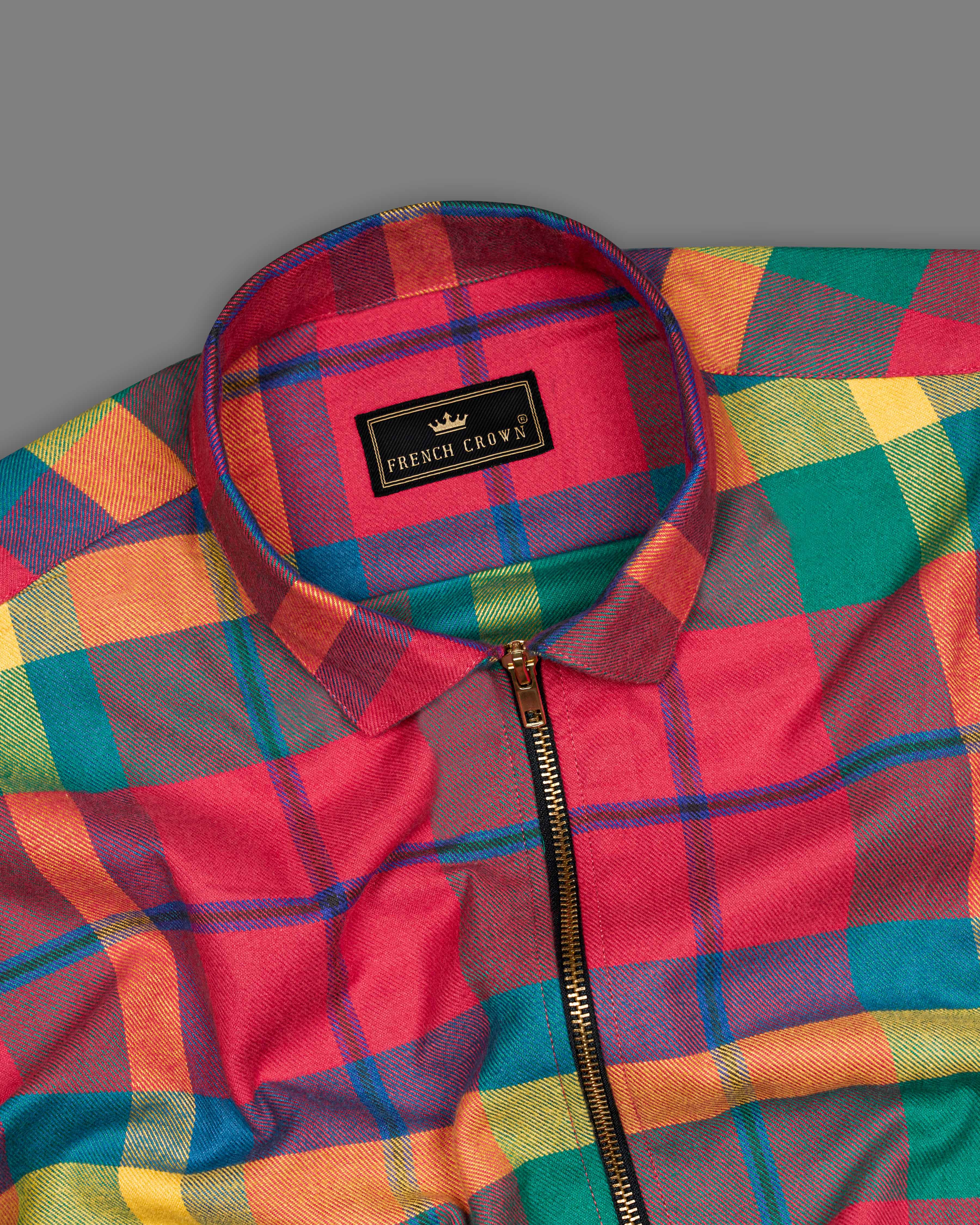 Radical Pink Multicolour Checkered Flannel Designer Overshirt/Shacket with Zipper Closure 8781-P523-38, 8781-P523-39, 8781-P523-40, 8781-P523-42, 8781-P523-44, 8781-P523-46, 8781-P523-48, 8781-P523-50, 8781-P523-52