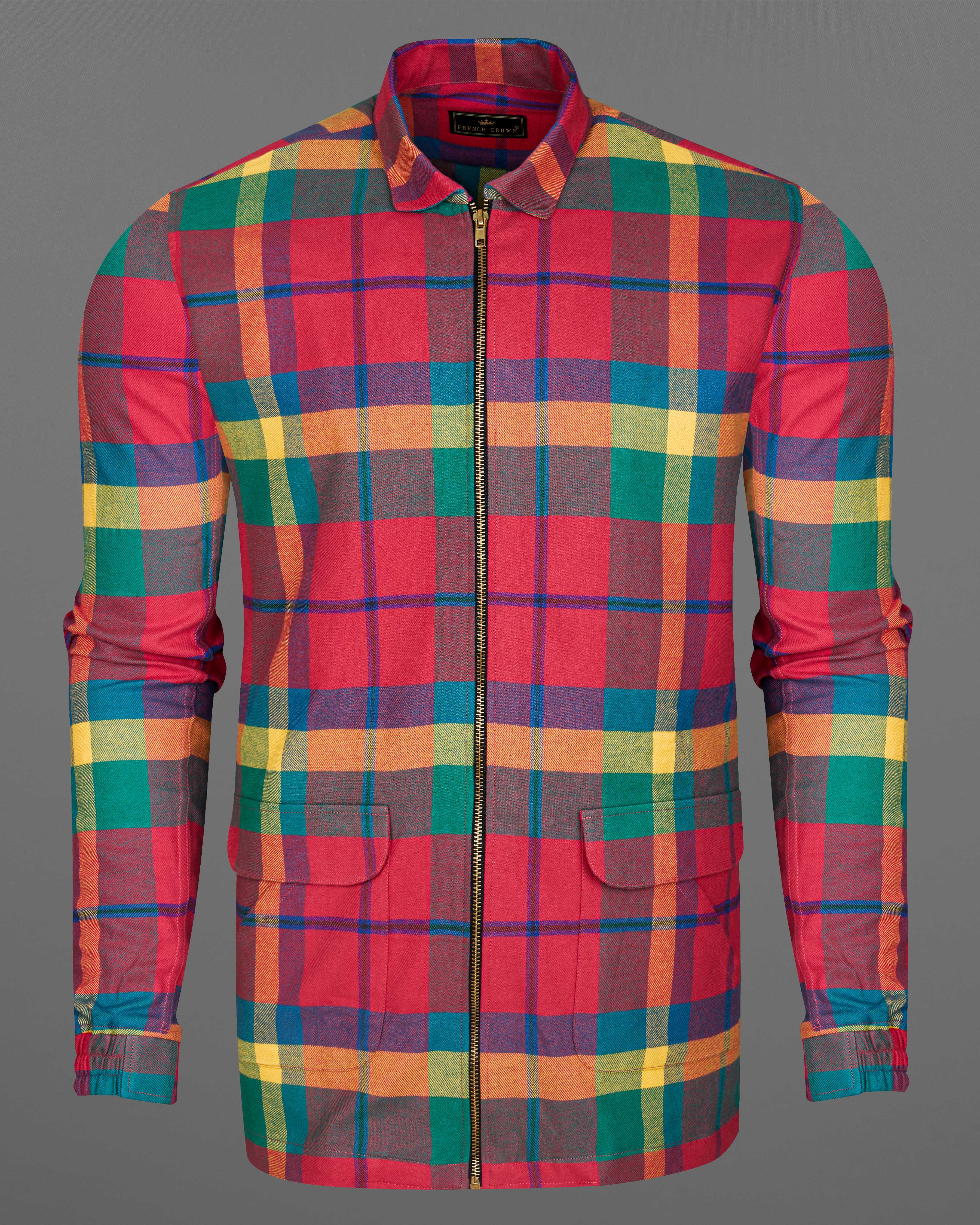 Radical Pink Multicolour Checkered Flannel Designer Overshirt/Shacket with Zipper Closure 8781-P523-38, 8781-P523-39, 8781-P523-40, 8781-P523-42, 8781-P523-44, 8781-P523-46, 8781-P523-48, 8781-P523-50, 8781-P523-52