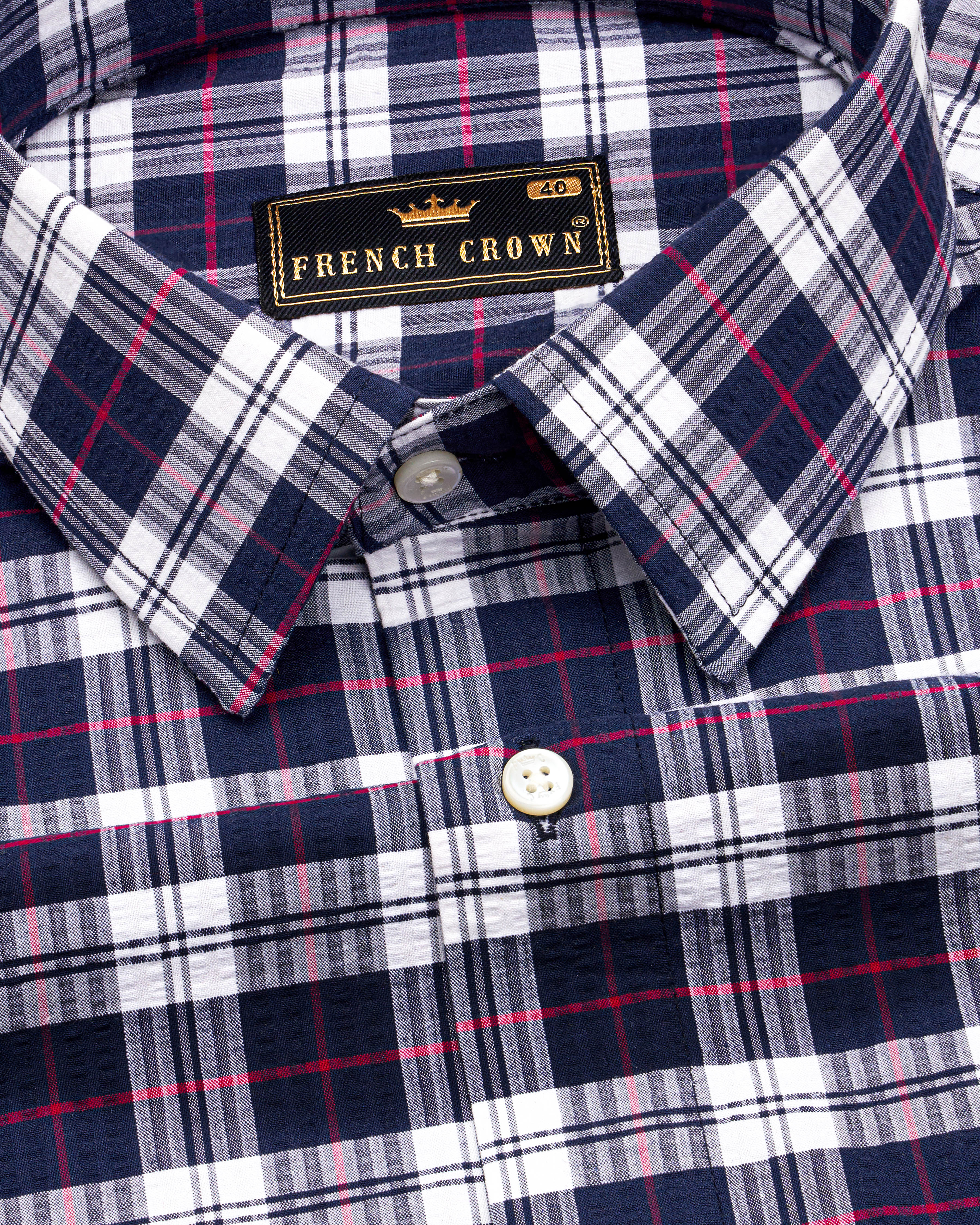 Bright White with Mirage Navy Blue Checkered Seersucker Premium Cotton Shirt  8804-38,8804-H-38,8804-39,8804-H-39,8804-40,8804-H-40,8804-42,8804-H-42,8804-44,8804-H-44,8804-46,8804-H-46,8804-48,8804-H-48,8804-50,8804-H-50,8804-52,8804-H-52