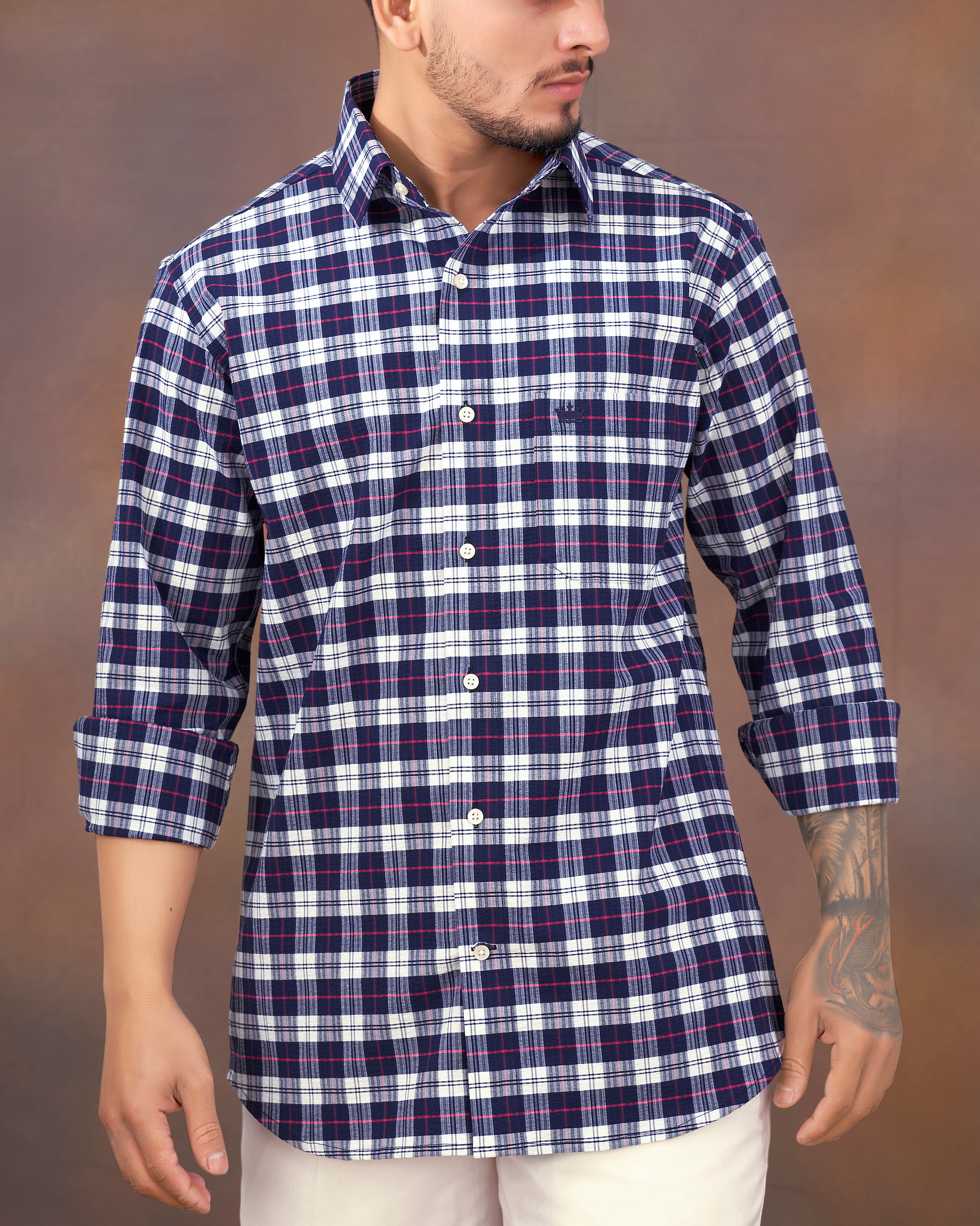 Bright White with Mirage Blue Checkered Seersucker Premium Cotton Shirt