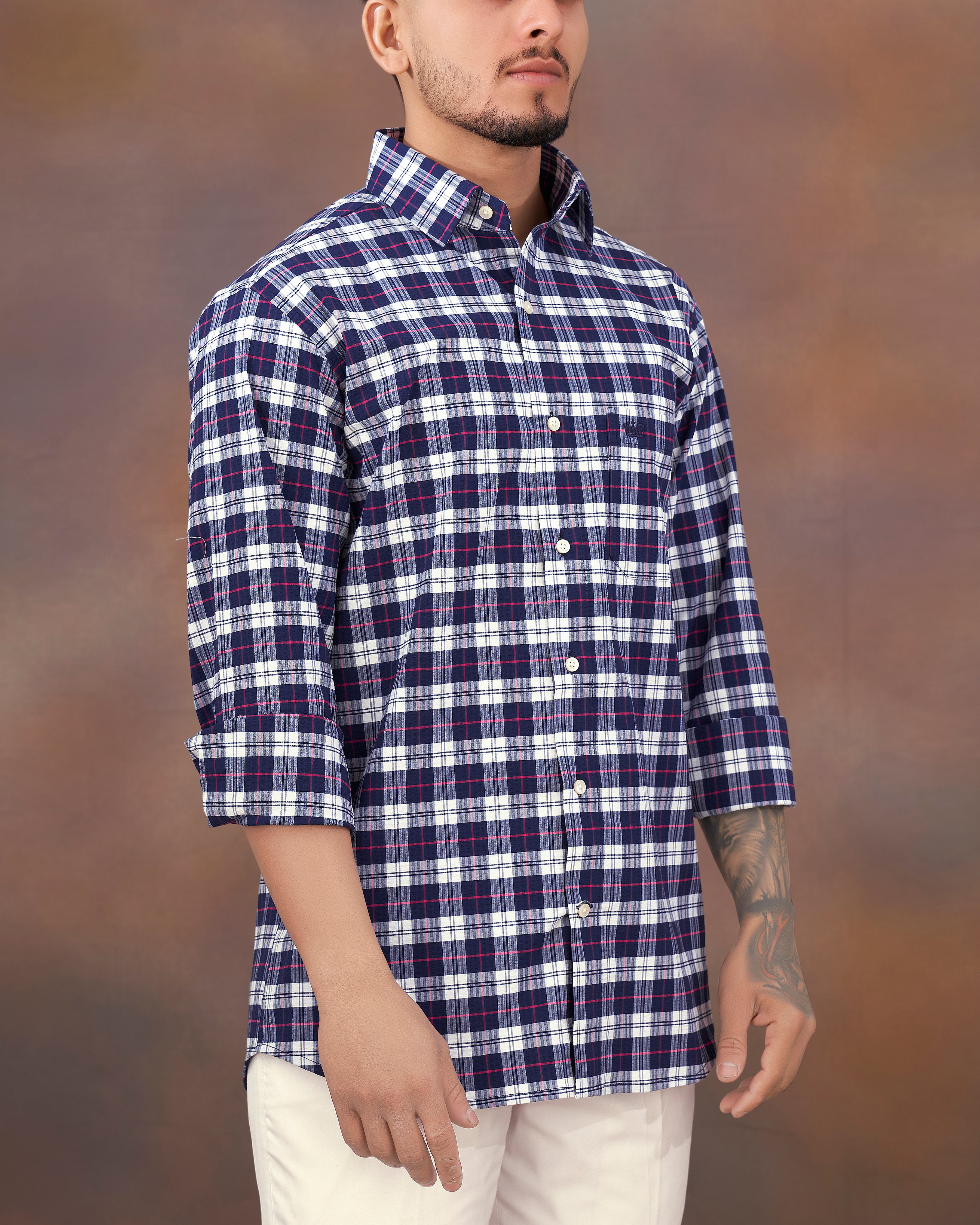 Bright White with Mirage Blue Checkered Seersucker Premium Cotton Shirt