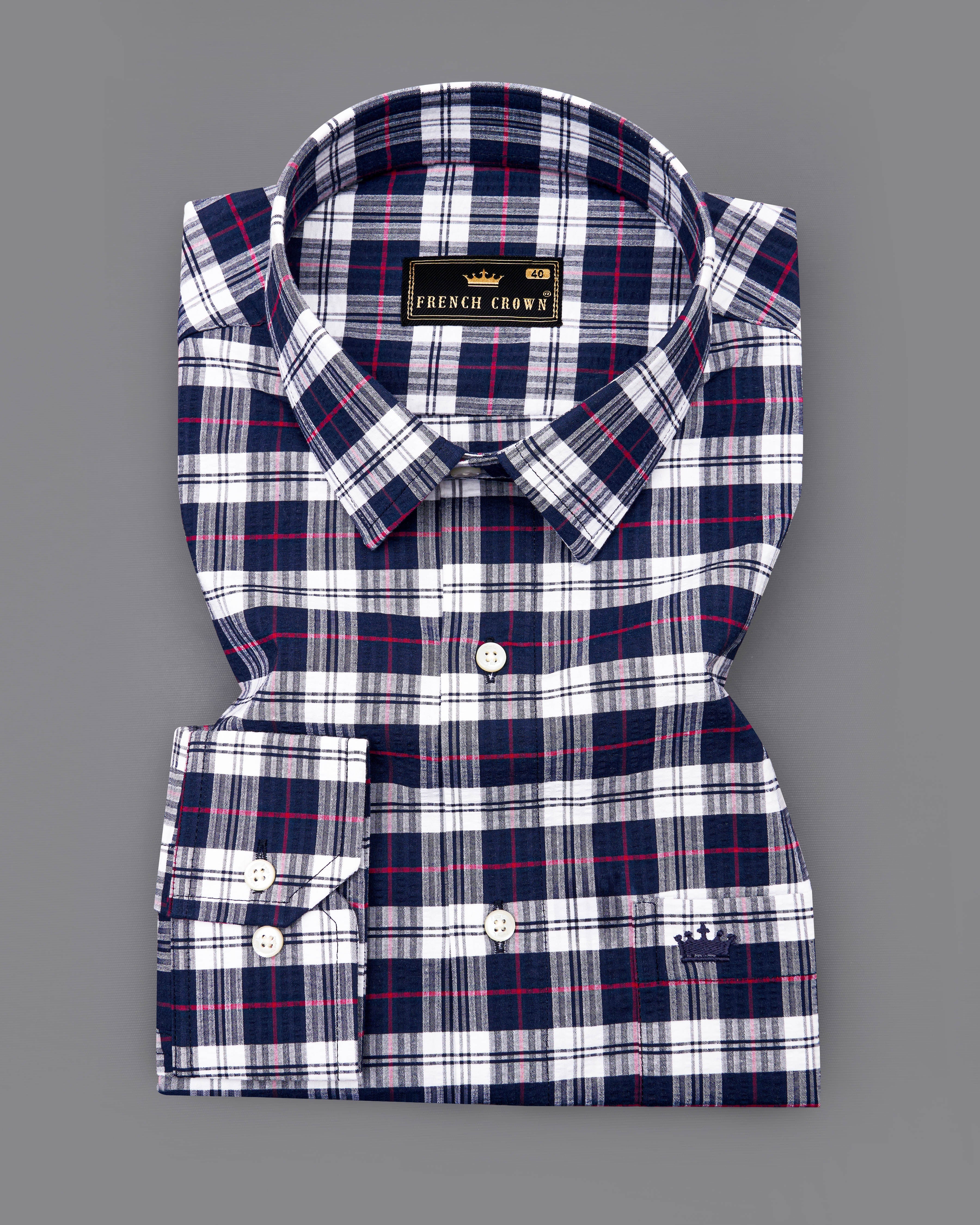 Bright White with Mirage Navy Blue Checkered Seersucker Premium Cotton Shirt 8804-38,8804-H-38,8804-39,8804-H-39,8804-40,8804-H-40,8804-42,8804-H-42,8804-44,8804-H-44,8804-46,8804-H-46,8804-48,8804-H-48,8804-50,8804-H-50,8804-52,8804-H-52