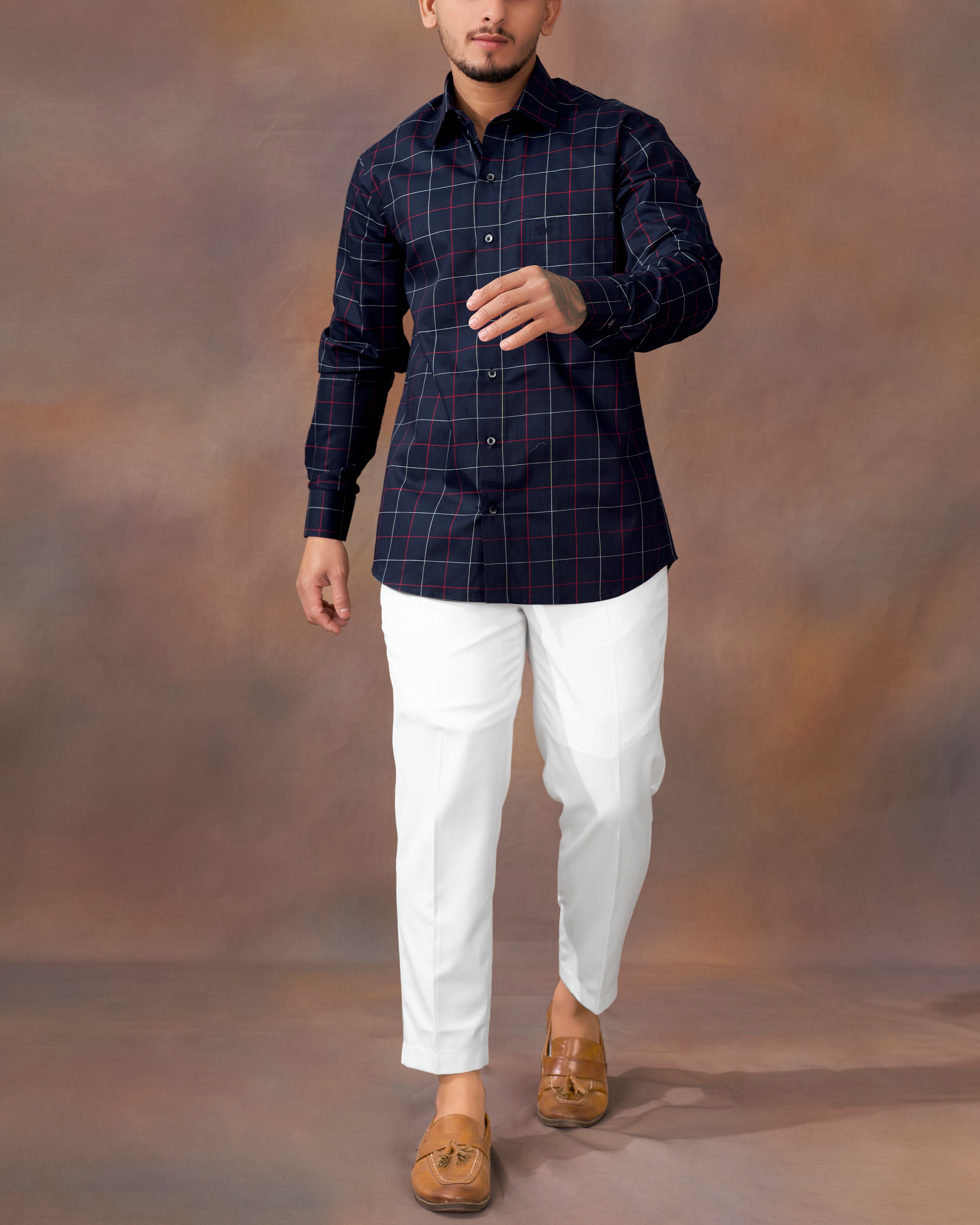 Gunmetal Blue Windowpane Twill Premium Cotton Shirt