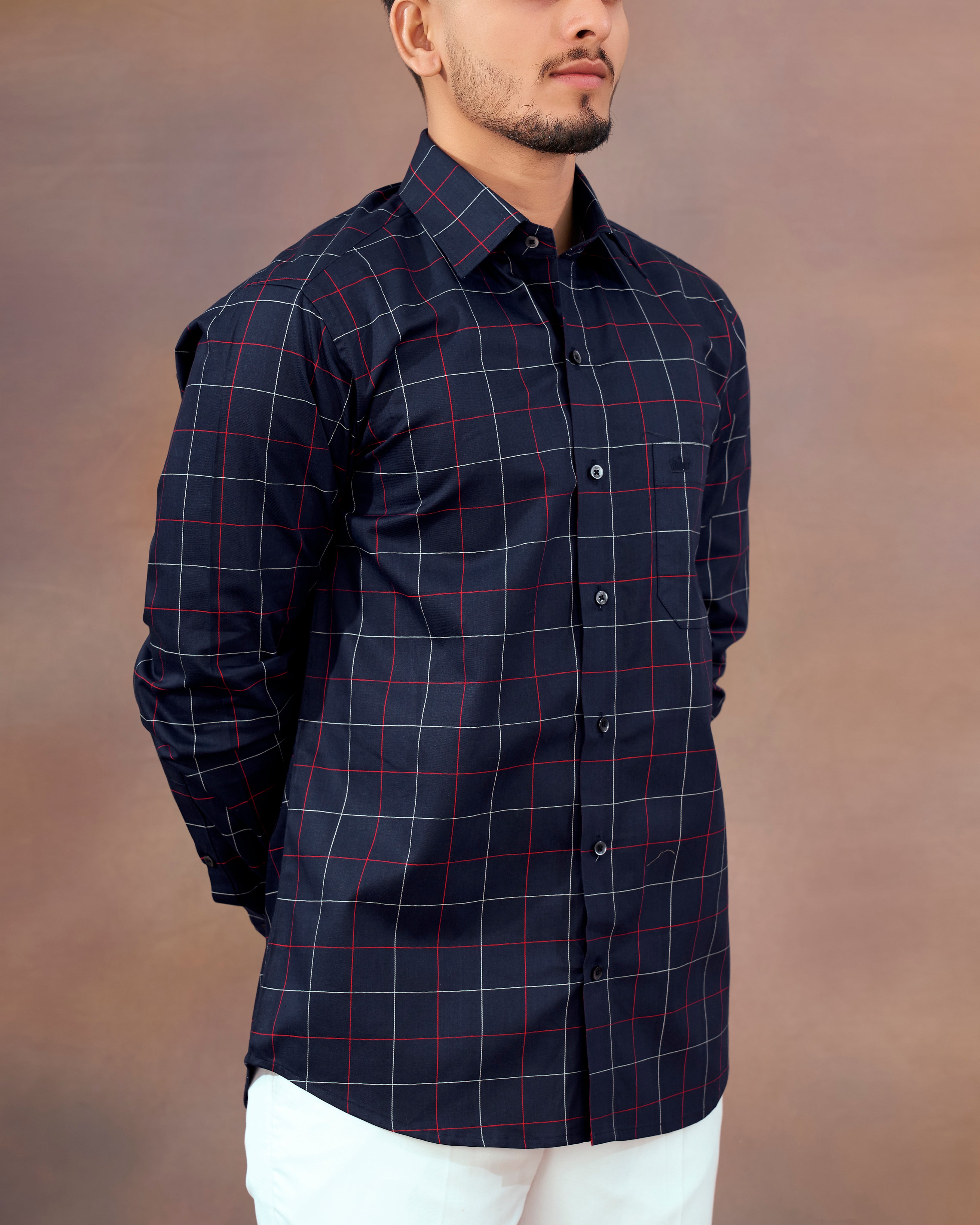 Gunmetal Blue Windowpane Twill Premium Cotton Shirt