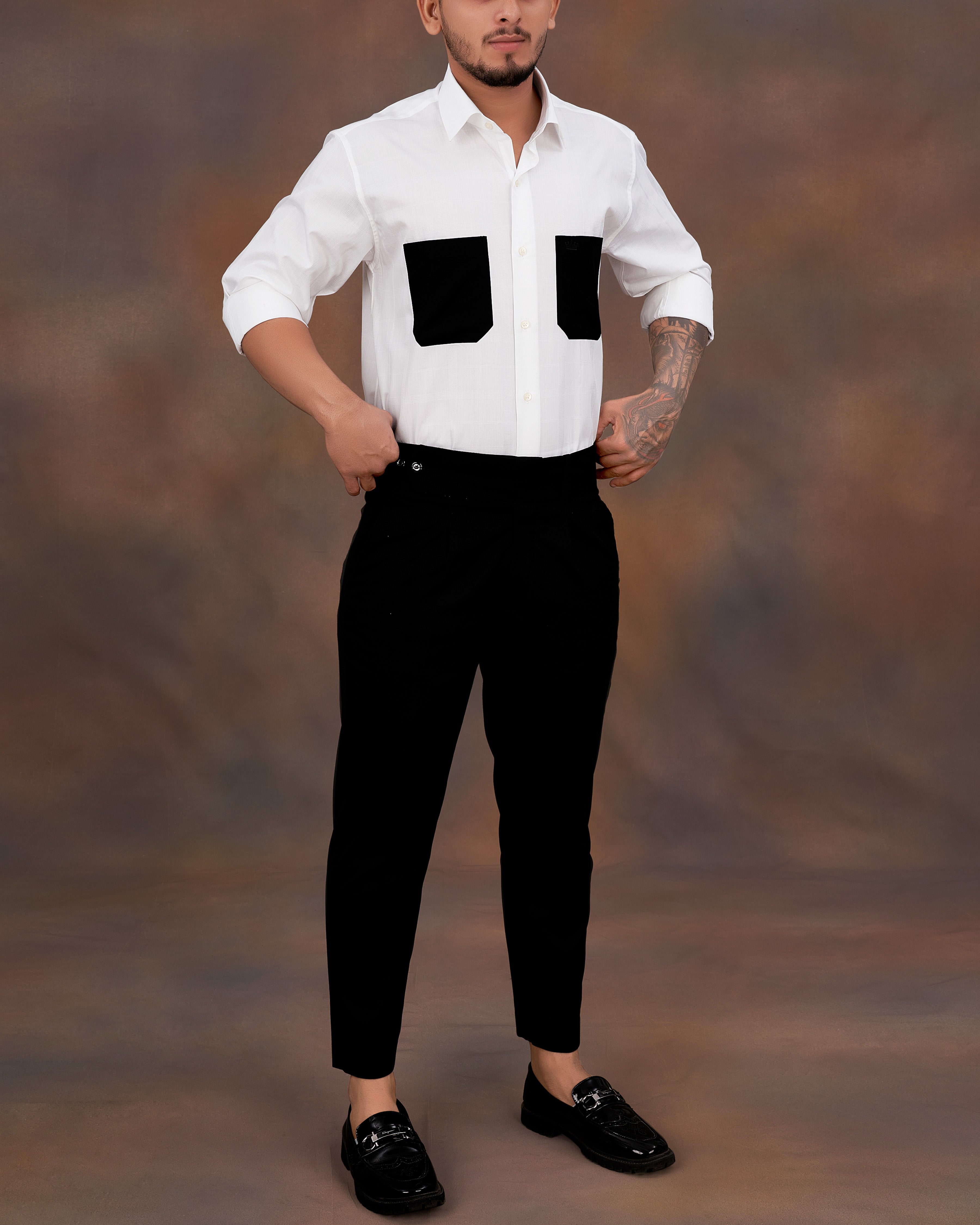 Bright White with Black Patch Pockets Dobby Textured Premium Giza Cotton Designer Shirt 8986-P196-38, 8986-P196-H-38, 8986-P196-39, 8986-P196-H-39, 8986-P196-40, 8986-P196-H-40, 8986-P196-42, 8986-P196-H-42, 8986-P196-44, 8986-P196-H-44, 8986-P196-46, 8986-P196-H-46, 8986-P196-48, 8986-P196-H-48, 8986-P196-50, 8986-P196-H-50, 8986-P196-52, 8986-P196-H-52