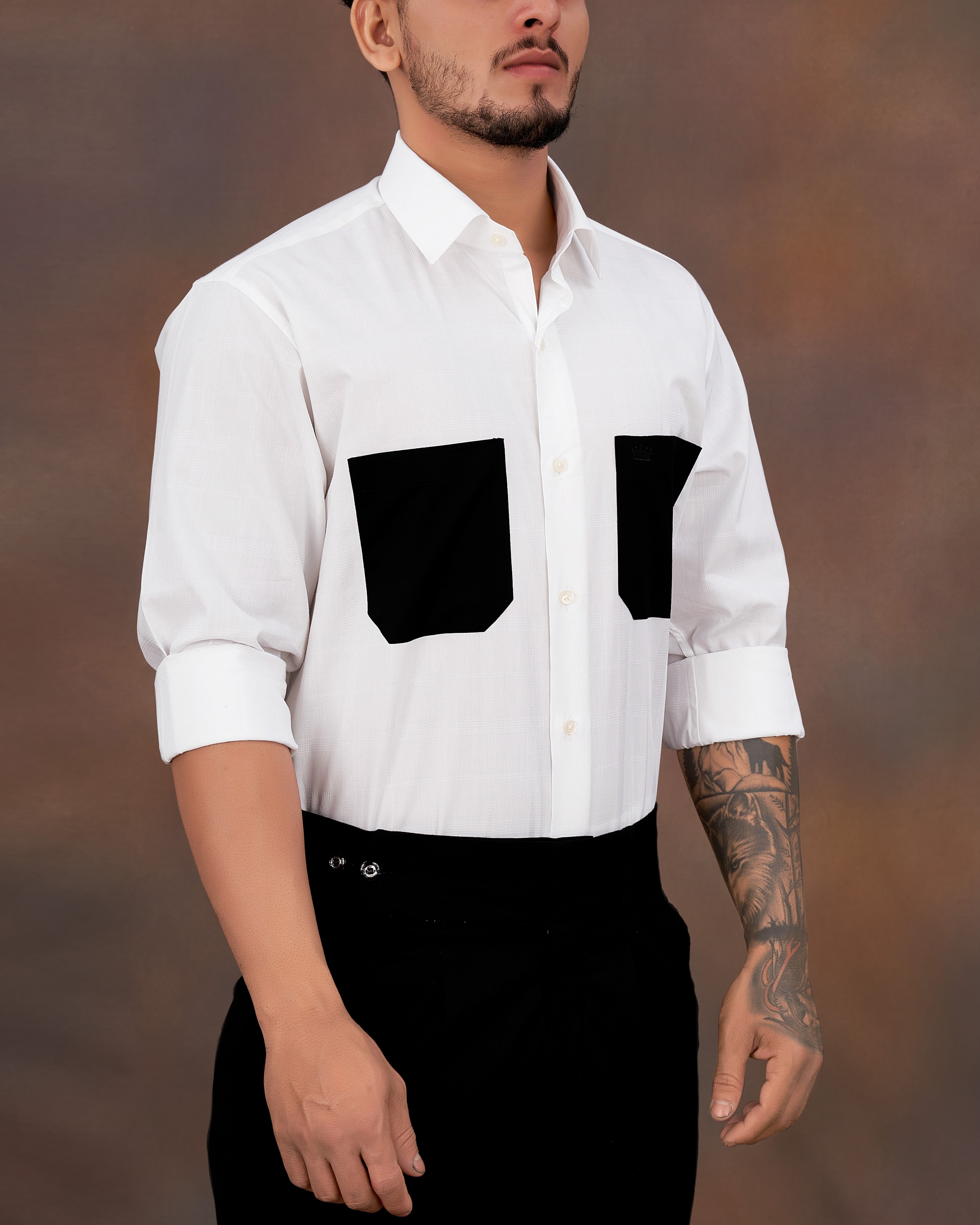 Bright White with Black Patch Pockets Dobby Textured Premium Giza Cotton Designer Shirt 8986-P196-38, 8986-P196-H-38, 8986-P196-39, 8986-P196-H-39, 8986-P196-40, 8986-P196-H-40, 8986-P196-42, 8986-P196-H-42, 8986-P196-44, 8986-P196-H-44, 8986-P196-46, 8986-P196-H-46, 8986-P196-48, 8986-P196-H-48, 8986-P196-50, 8986-P196-H-50, 8986-P196-52, 8986-P196-H-52