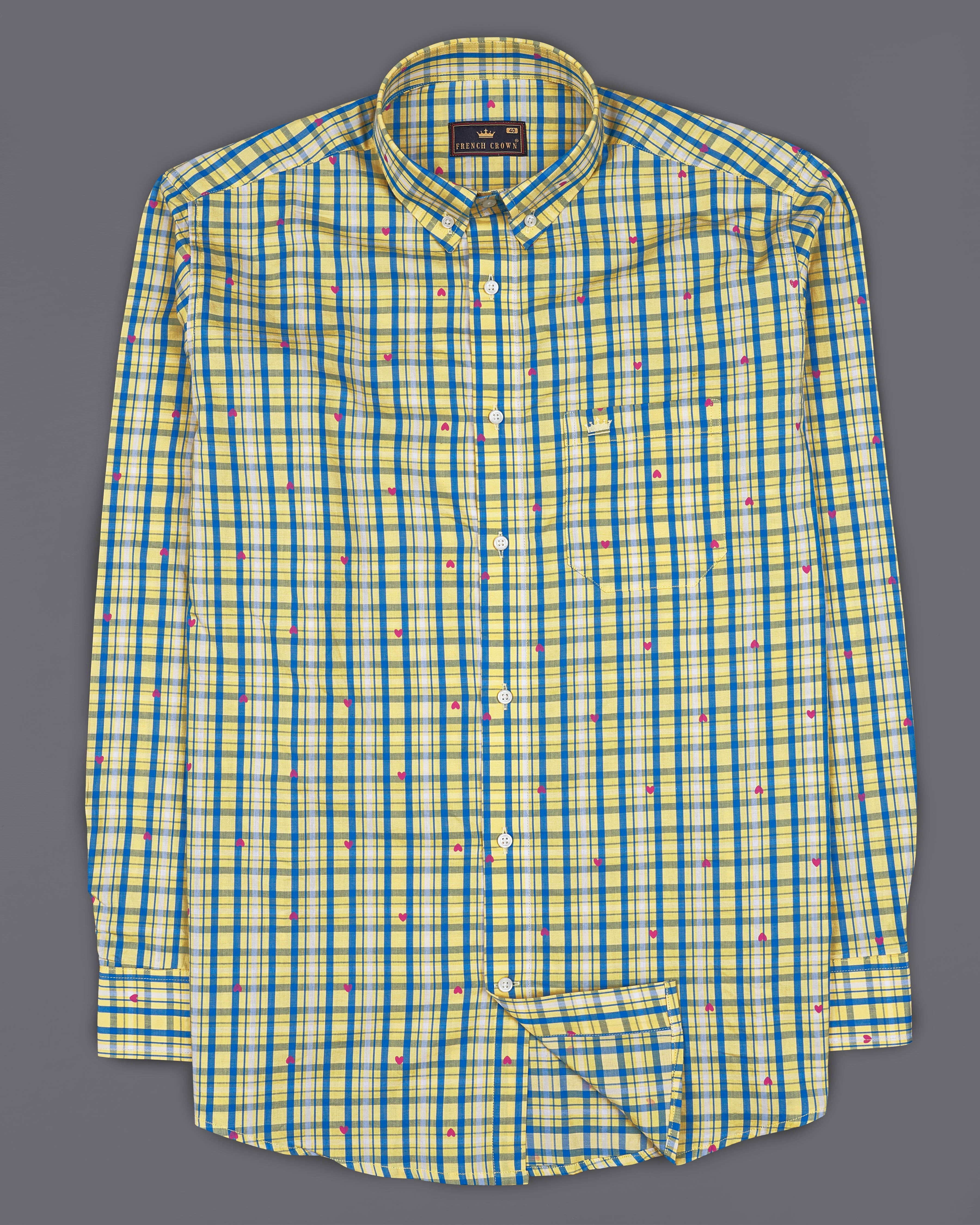 Marzipan Yellow with Matisse Blue Checkered with Heart Printed Premium Cotton Shirt