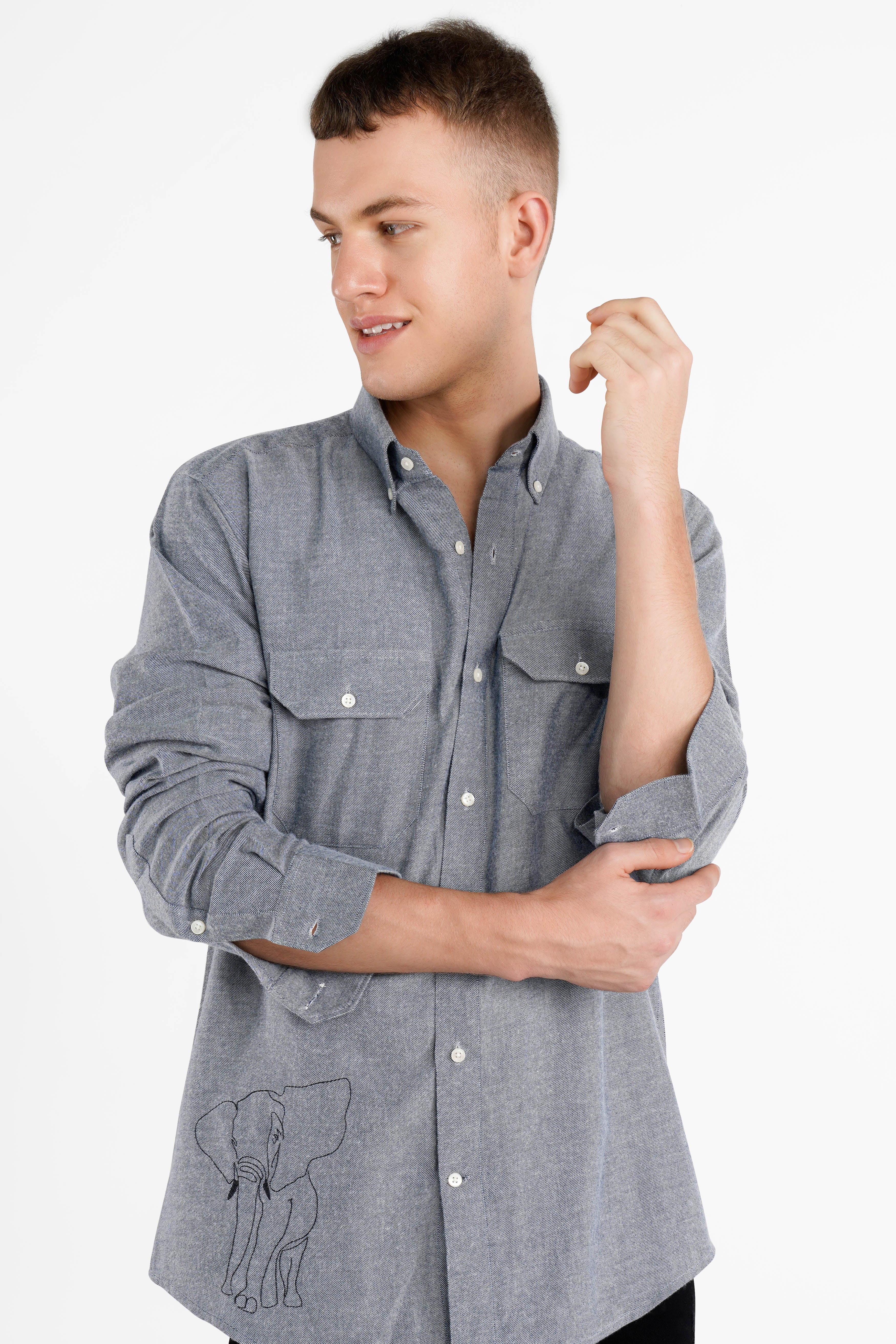 Ironside Gray Elephant Embroidered Flannel Designer Shirt