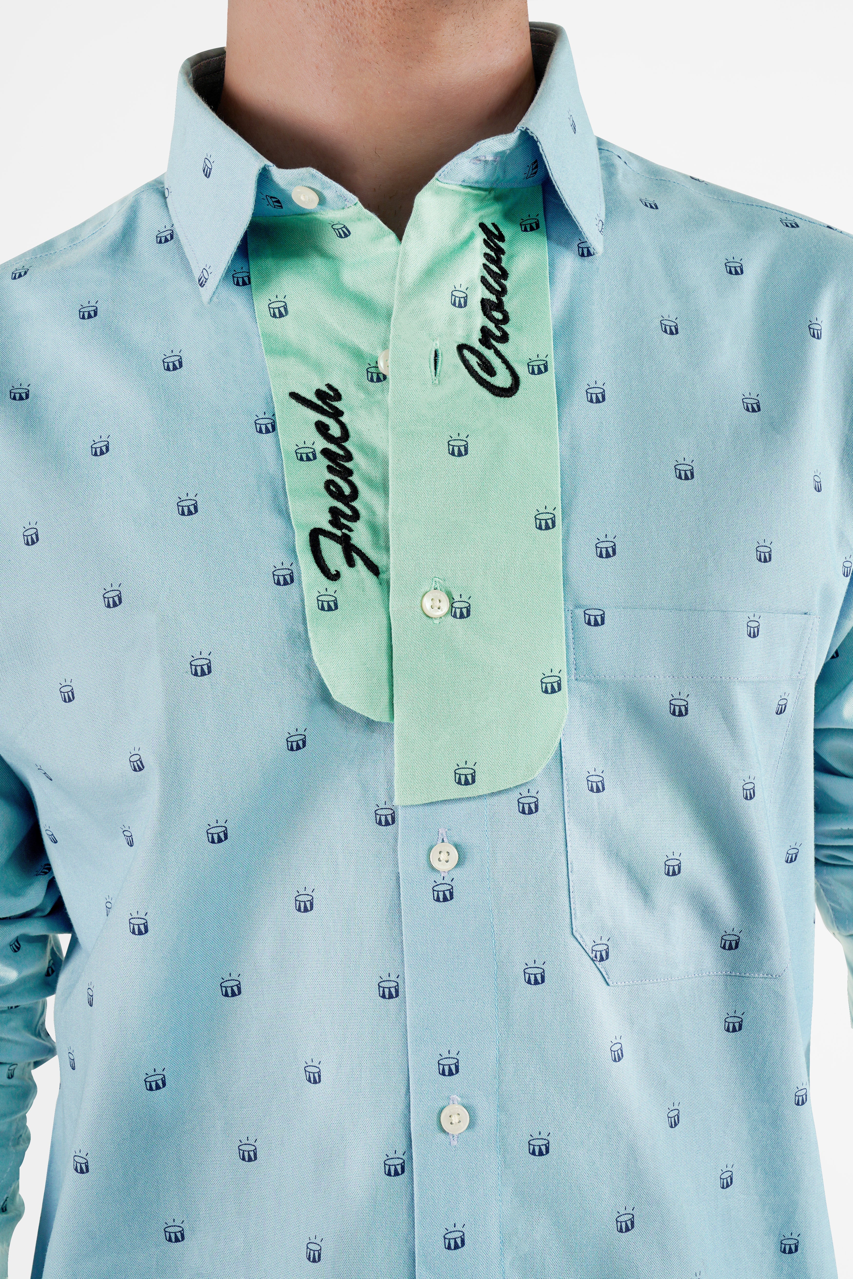 Carolina Blue with Downy Green French Crown Embroidered Patchwork Royal Oxford Designer Shirt